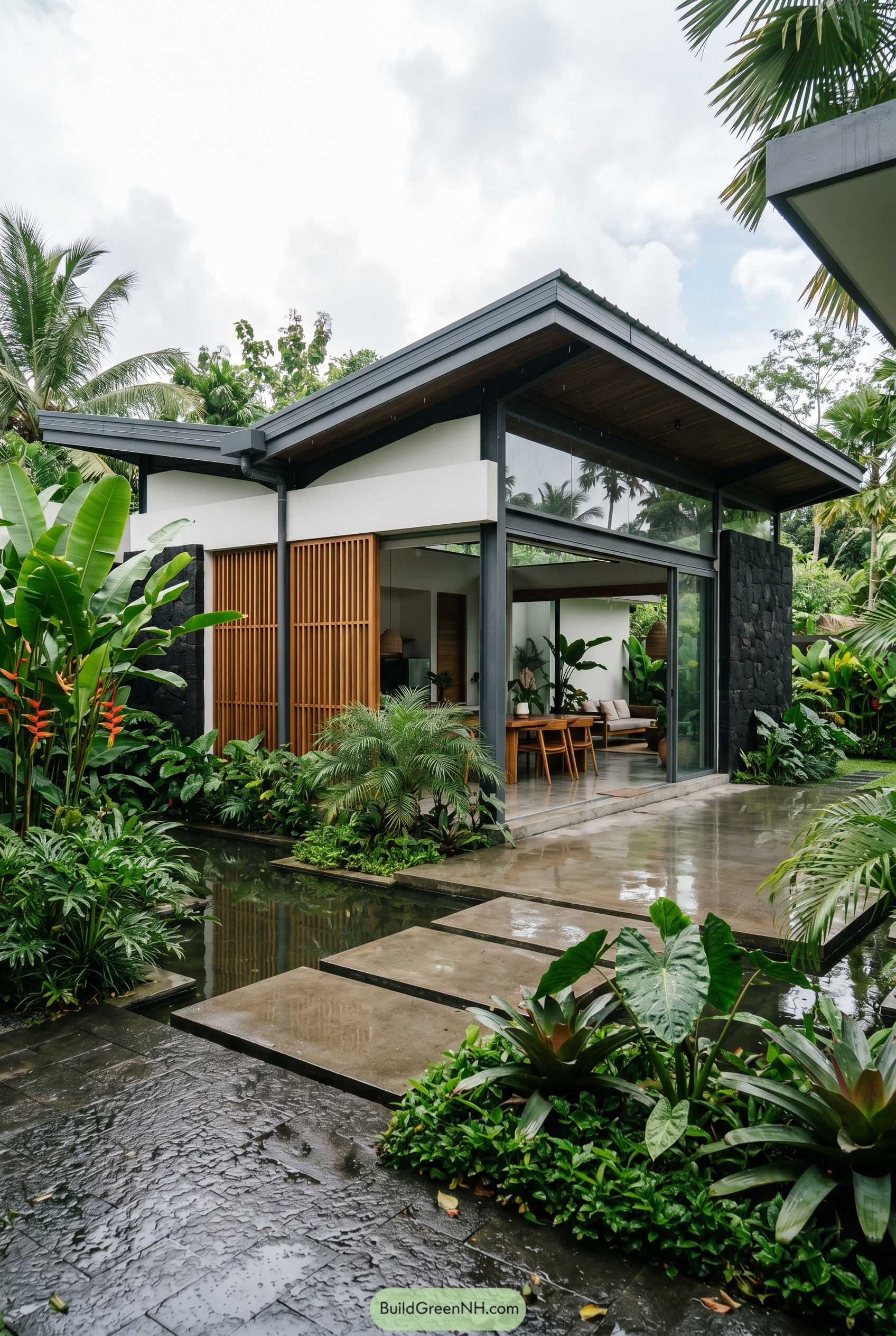 Tropical modern house with pond and stepping stones