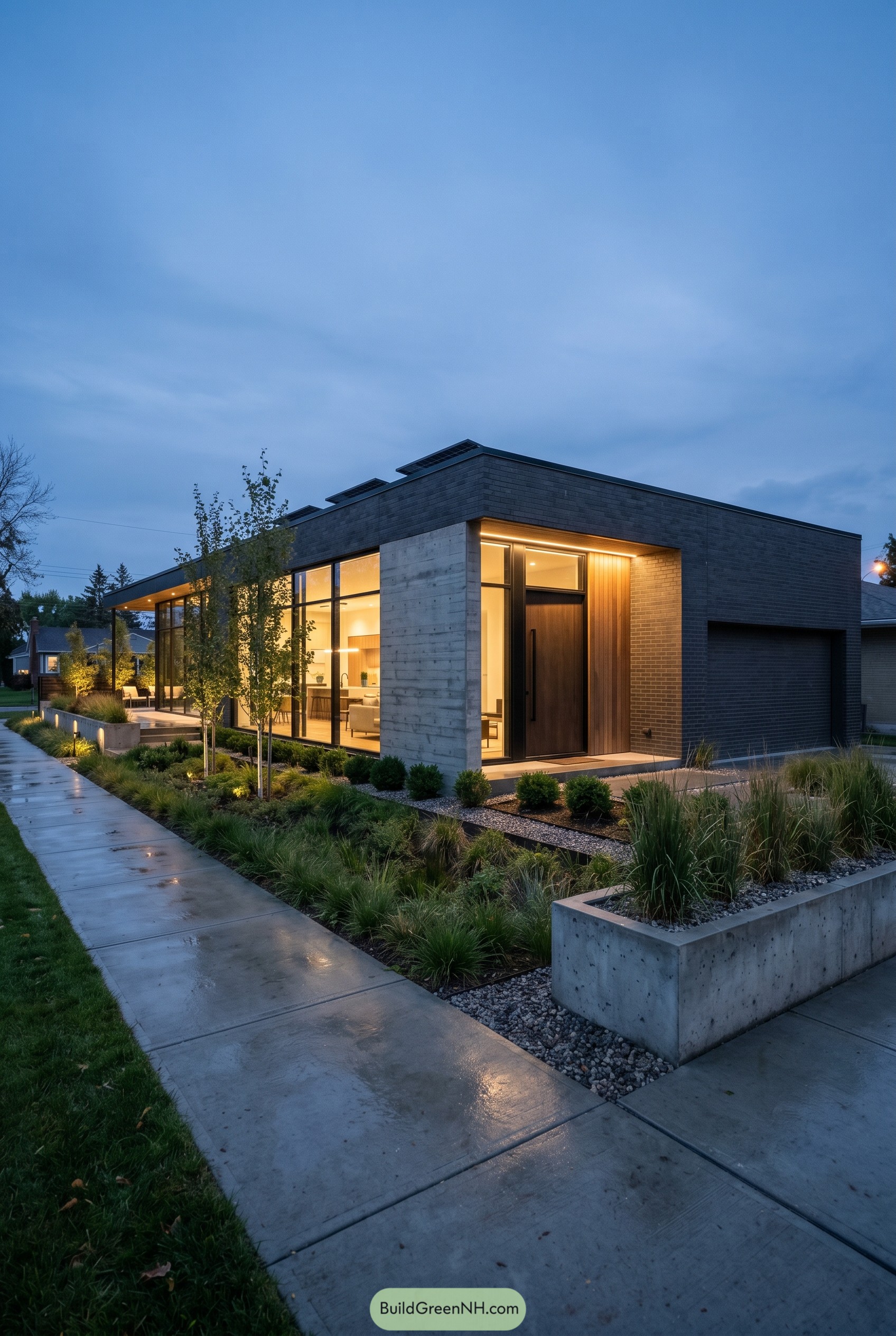 Modern single story house with concrete entry and glass walls
