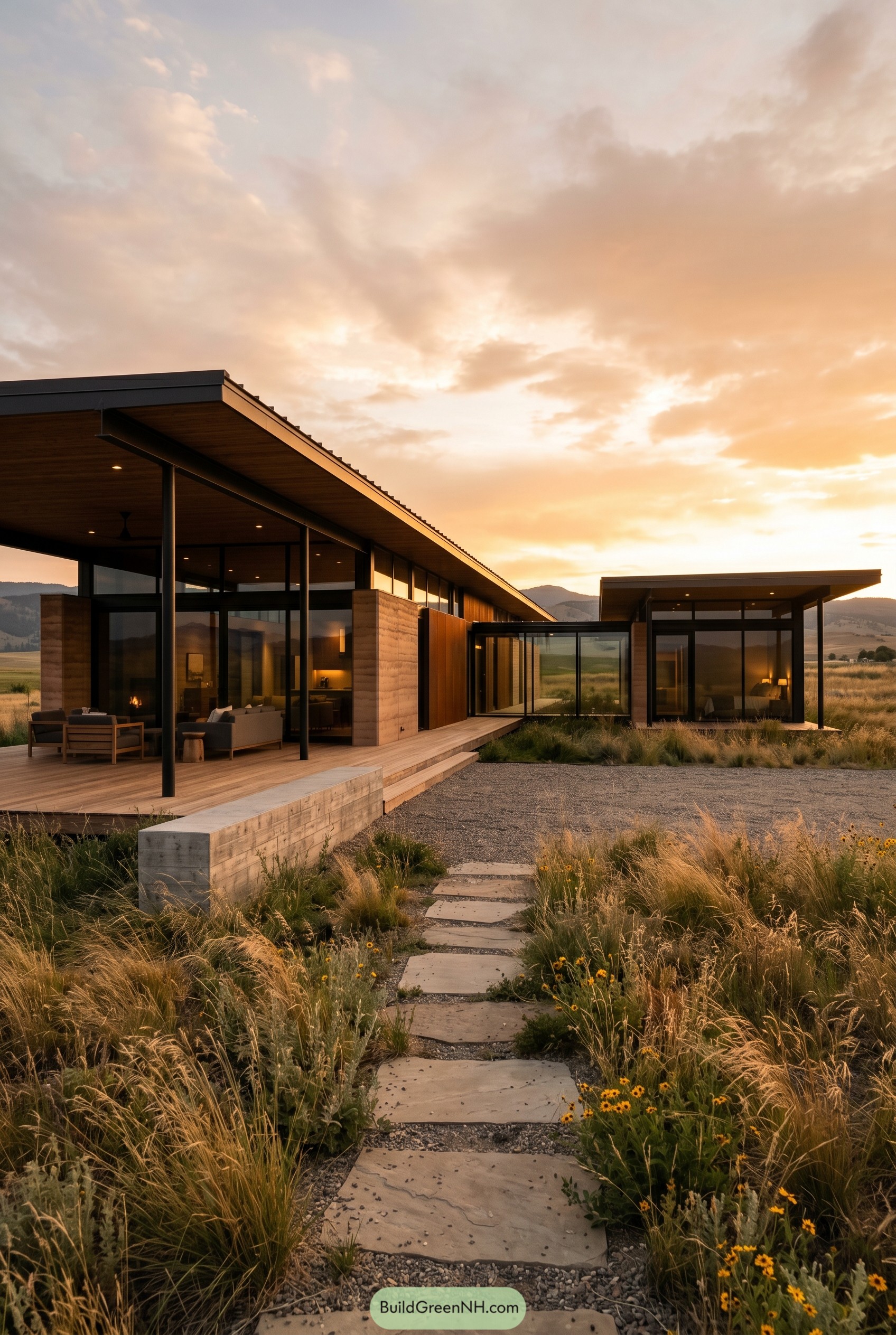 Single story modern prairie house at sunset