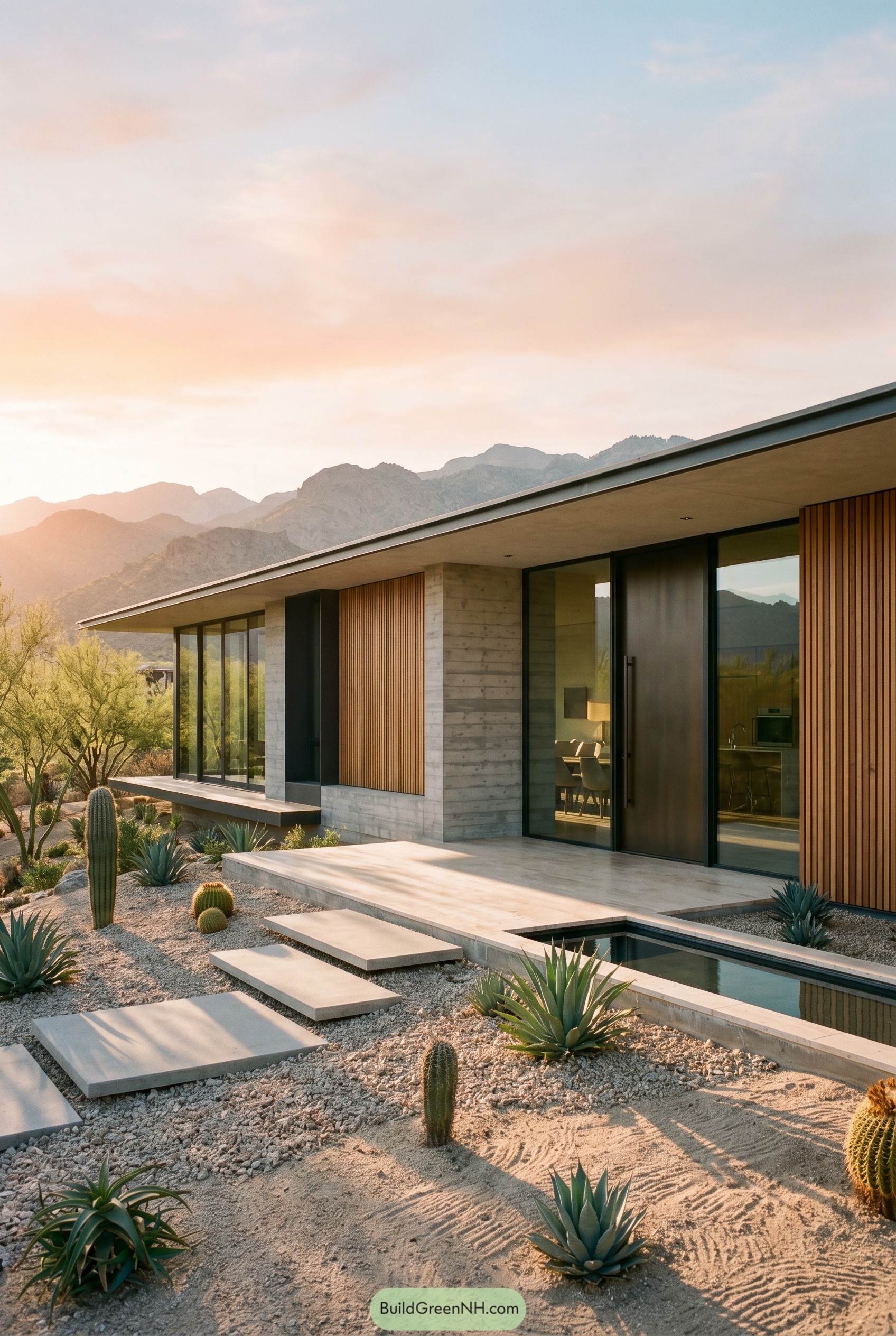 Single story modern desert house with reflecting pool
