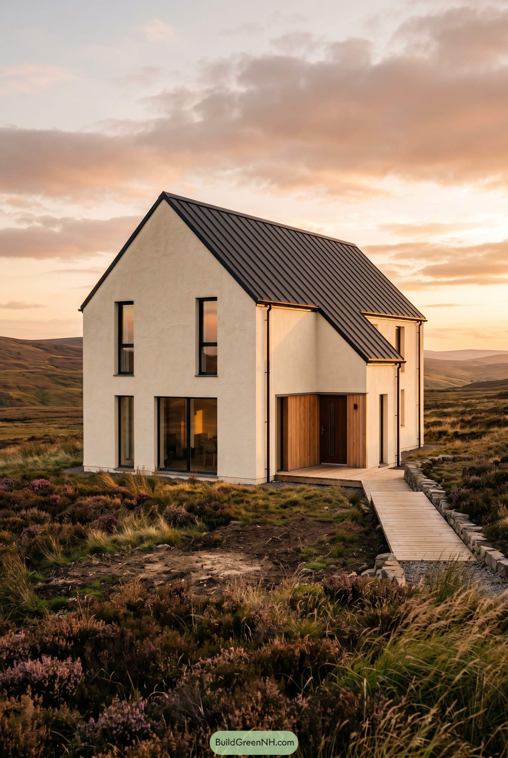 Warm white gabled house on moorland