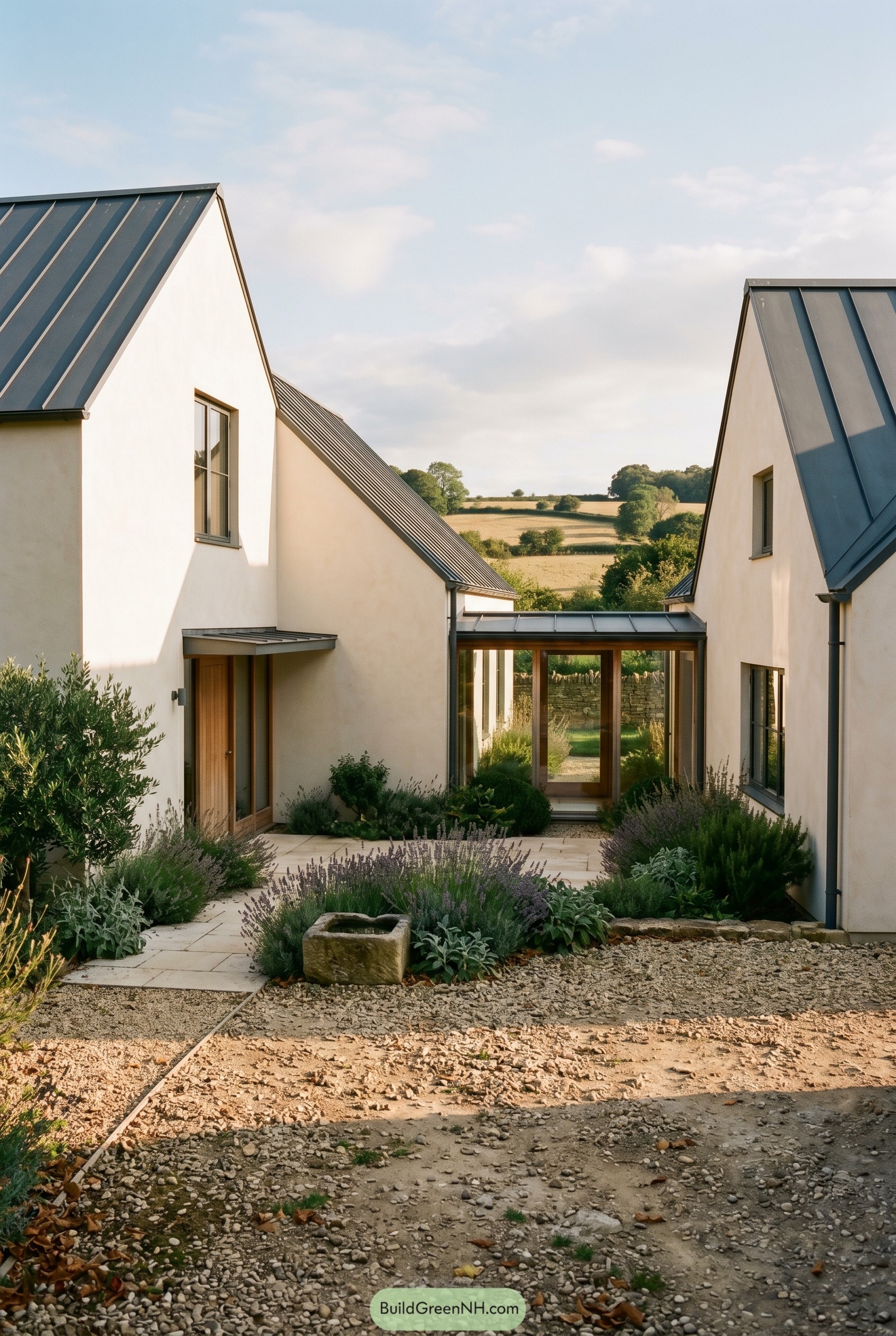Warm white twin gabled house with courtyard