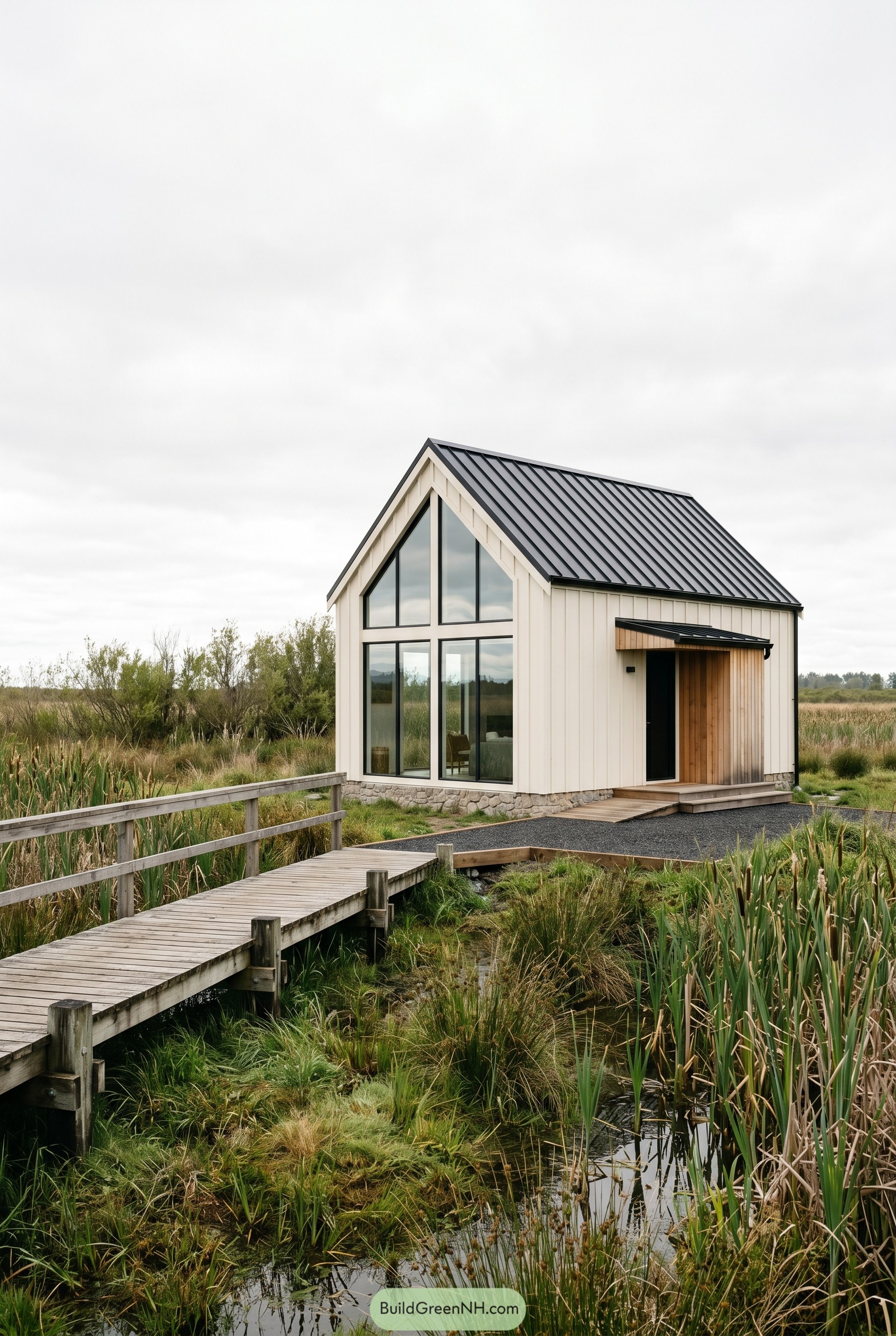 Warm white gabled house beside a marsh boardwalk