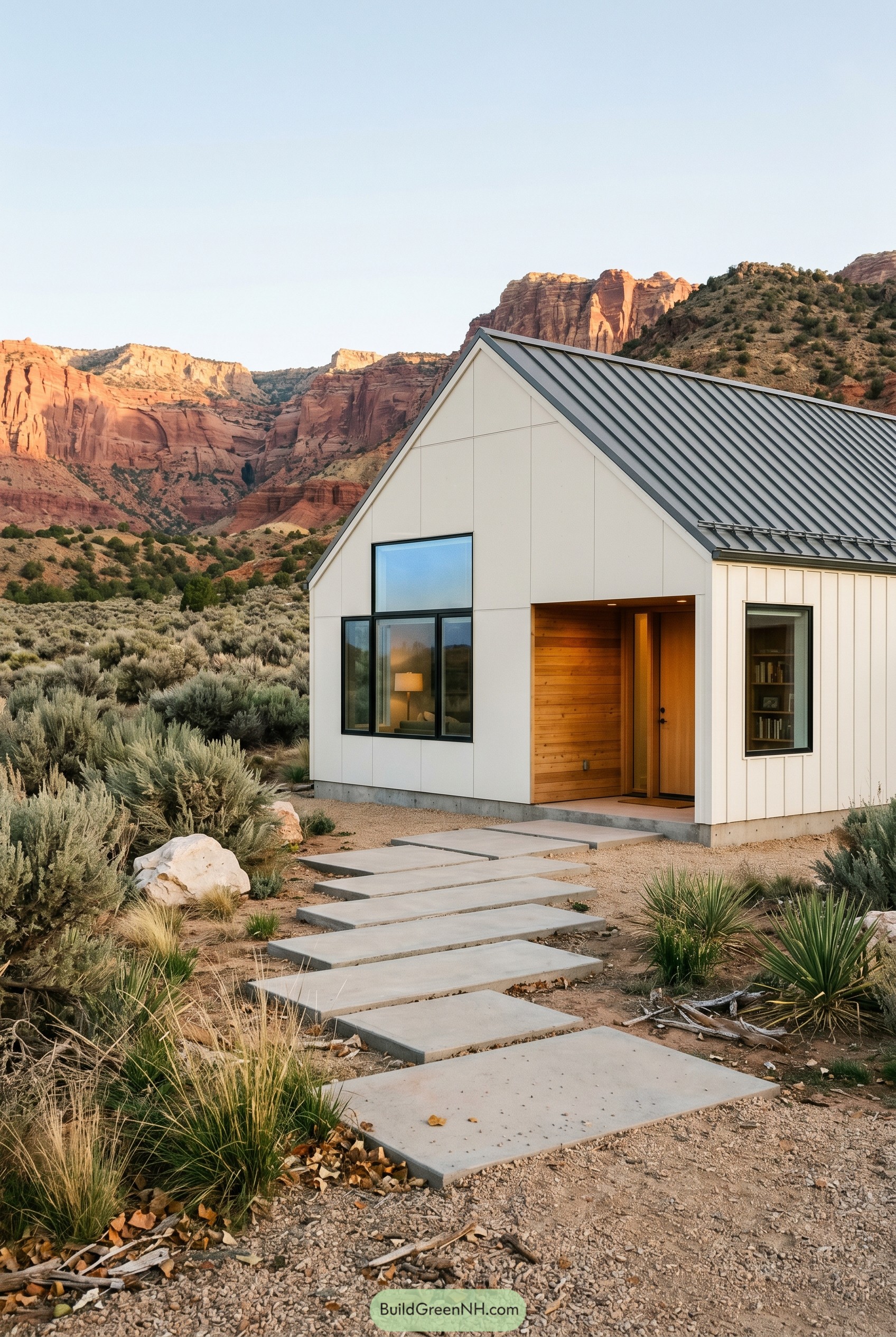 Warm white modern gabled cottage in desert