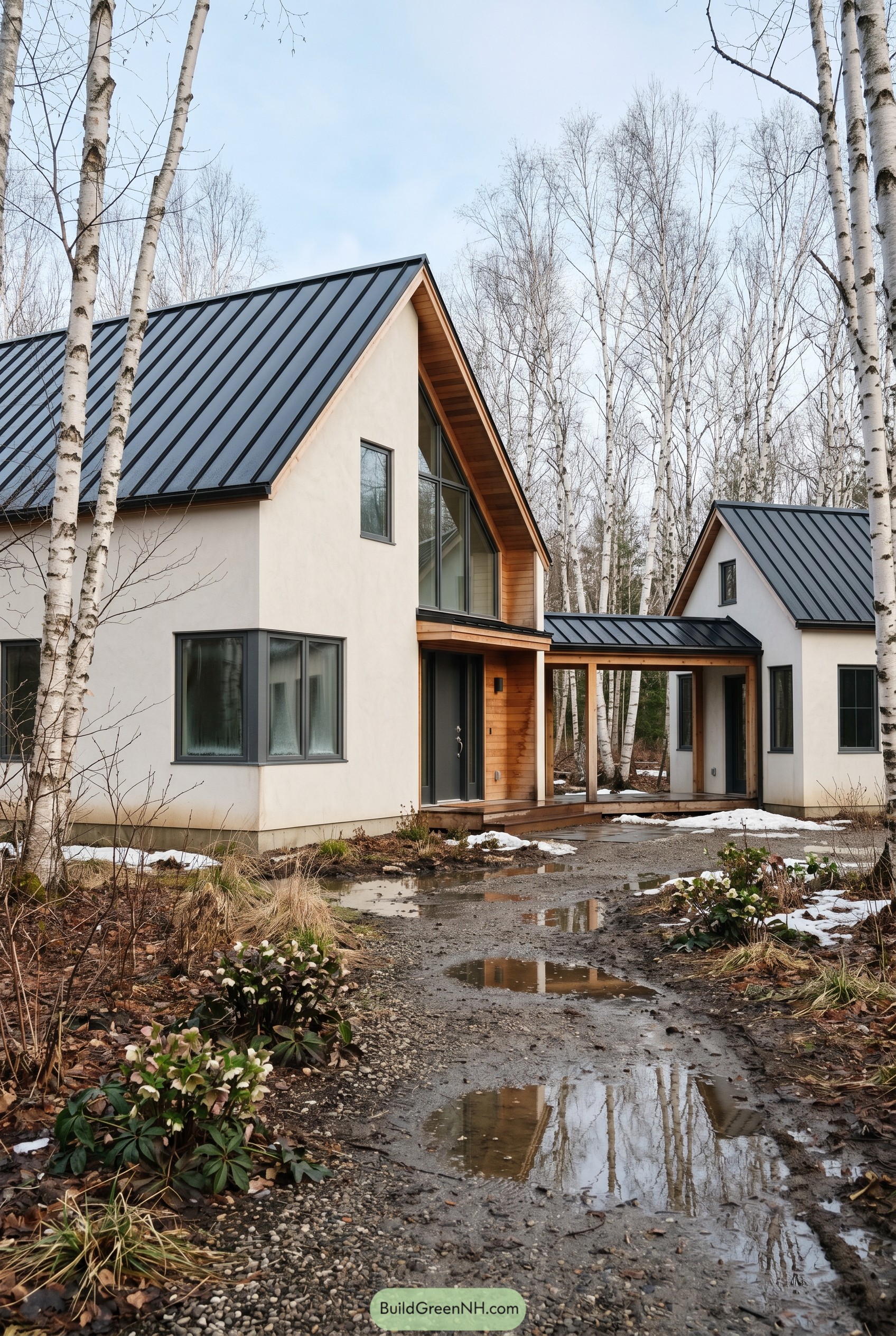 Warm white gabled home with black metal roof in birch trees