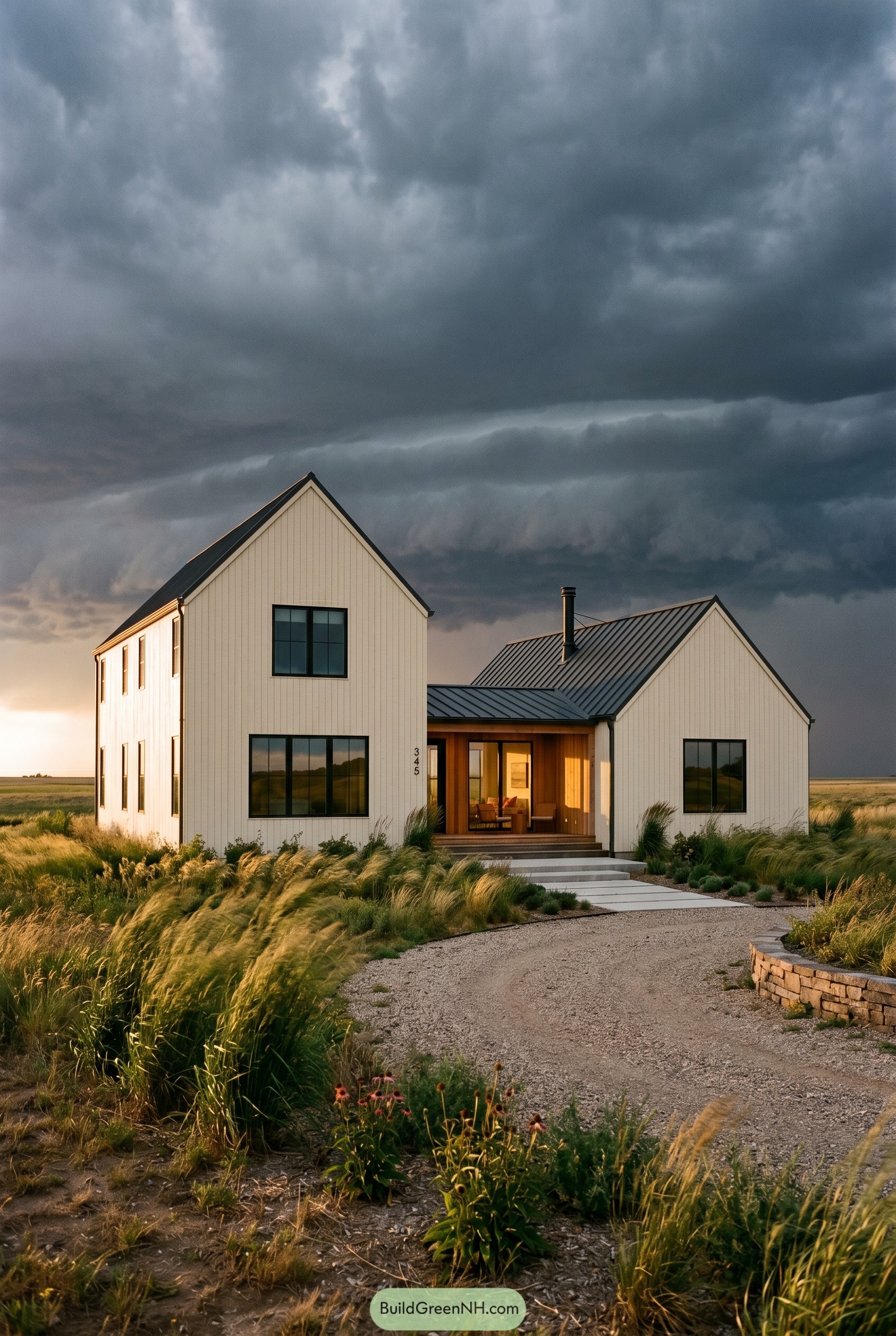 Warm white gabled house beneath dark storm clouds