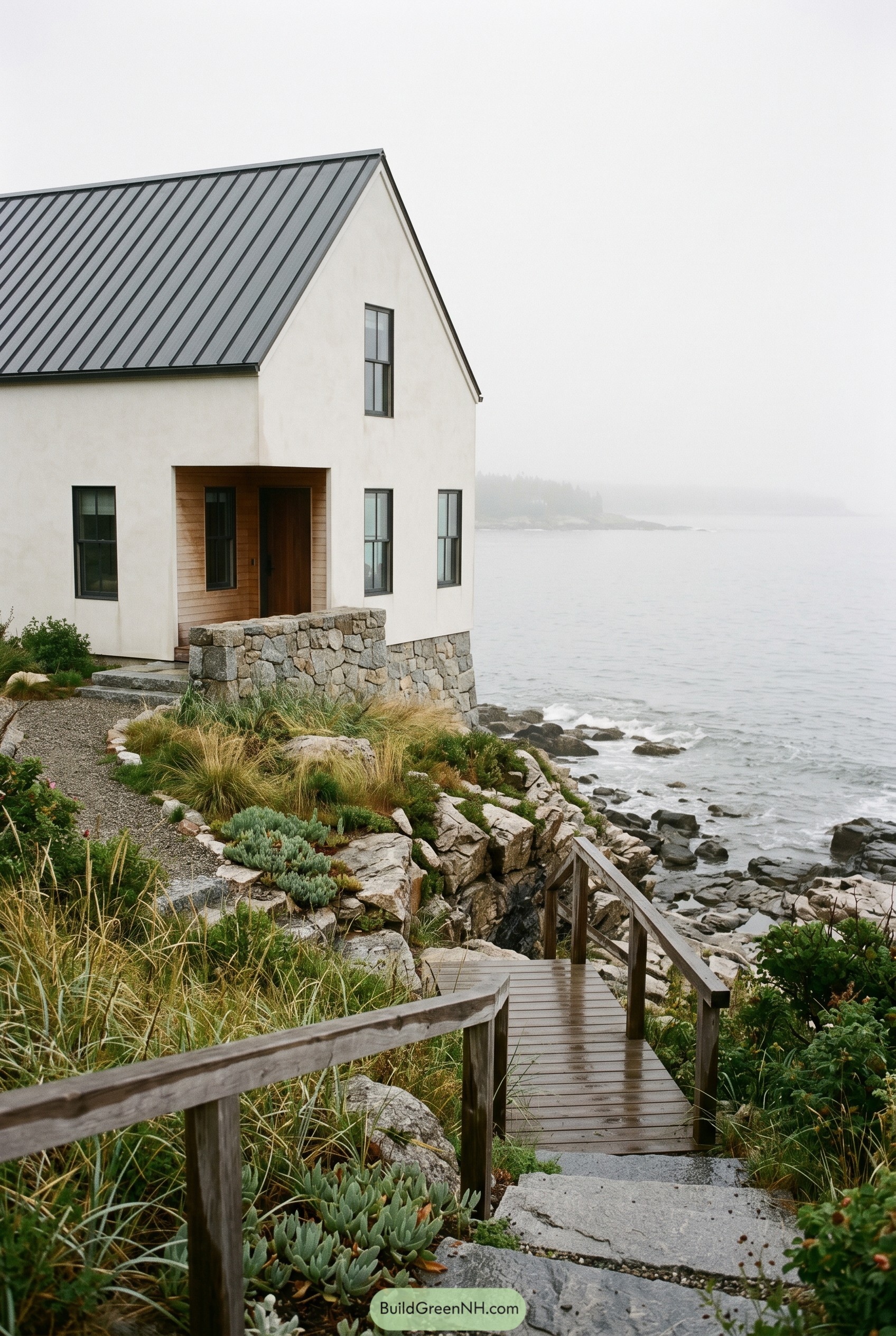 Warm white gabled house on a rocky coast