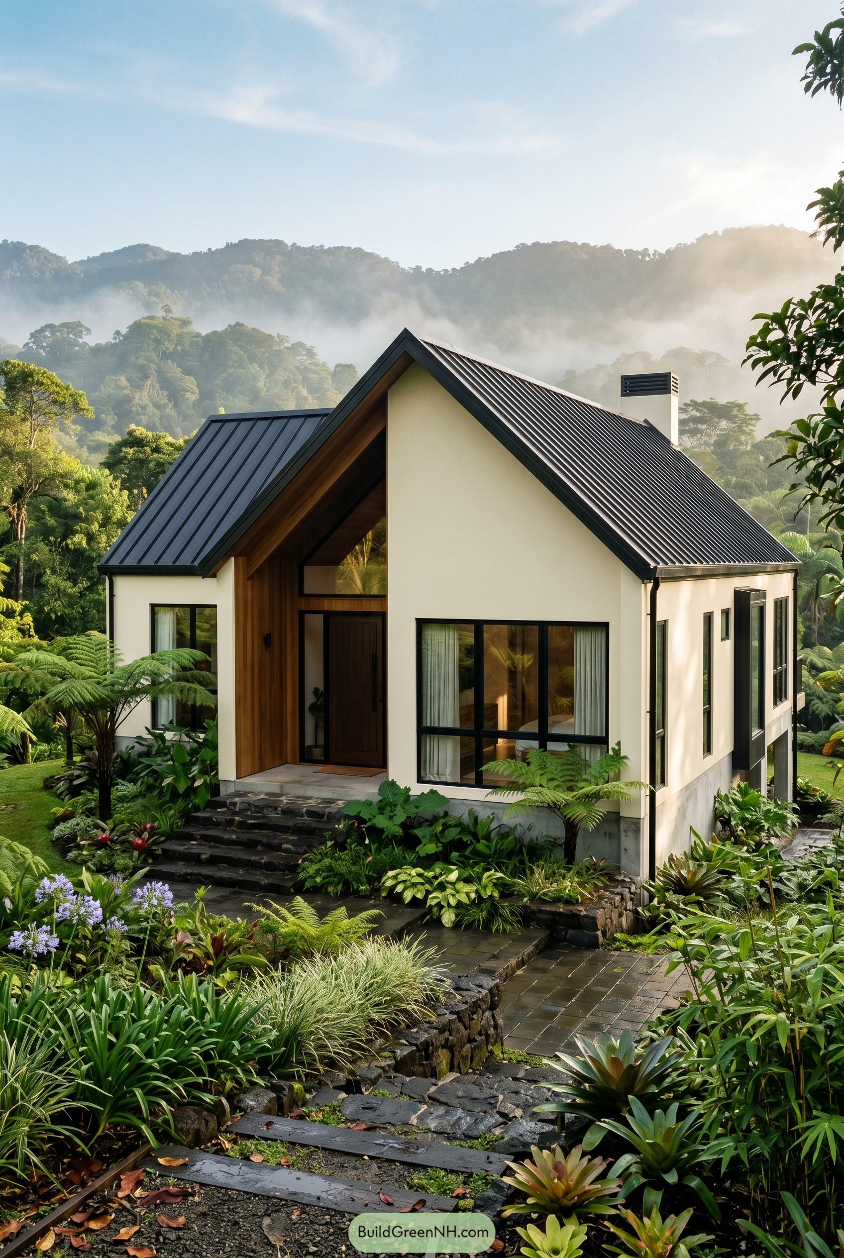 Warm white gabled home with black roof amid lush tropical planting