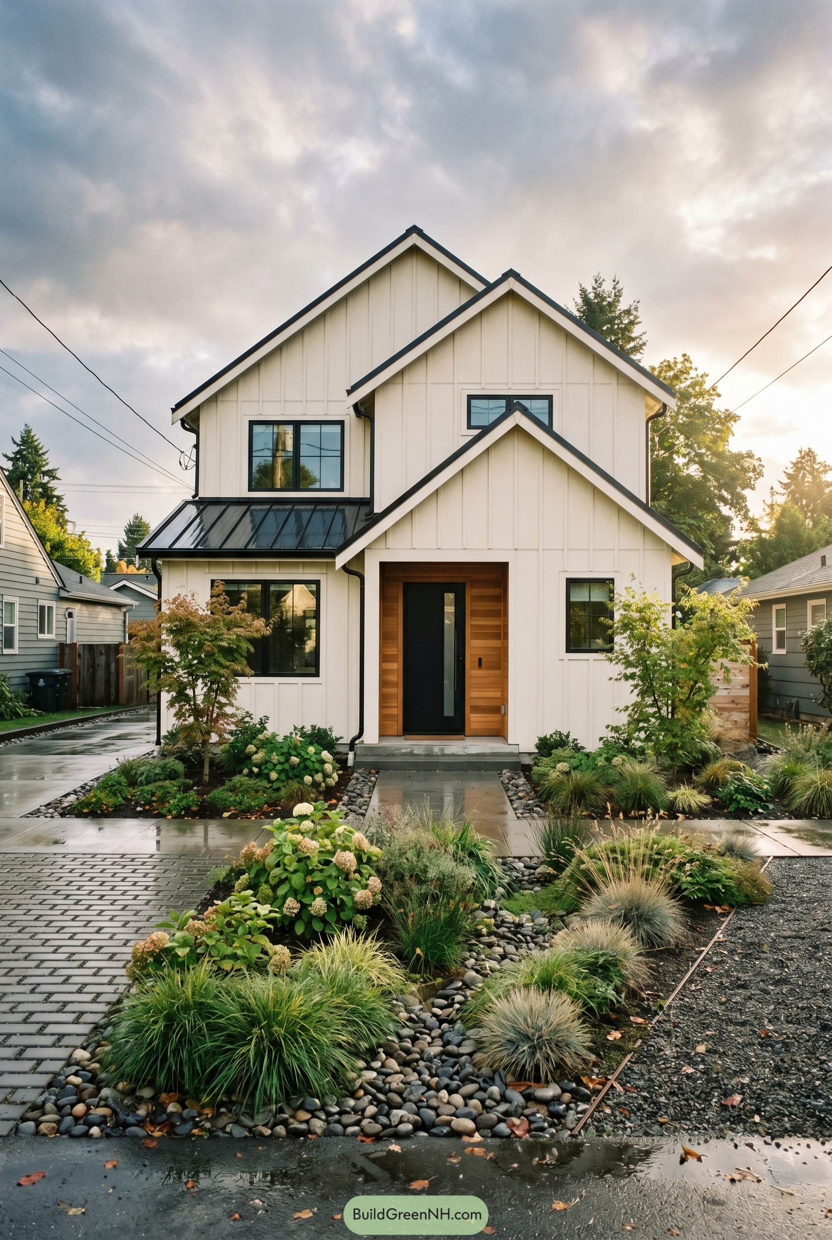 Warm white modern gabled house with rain garden