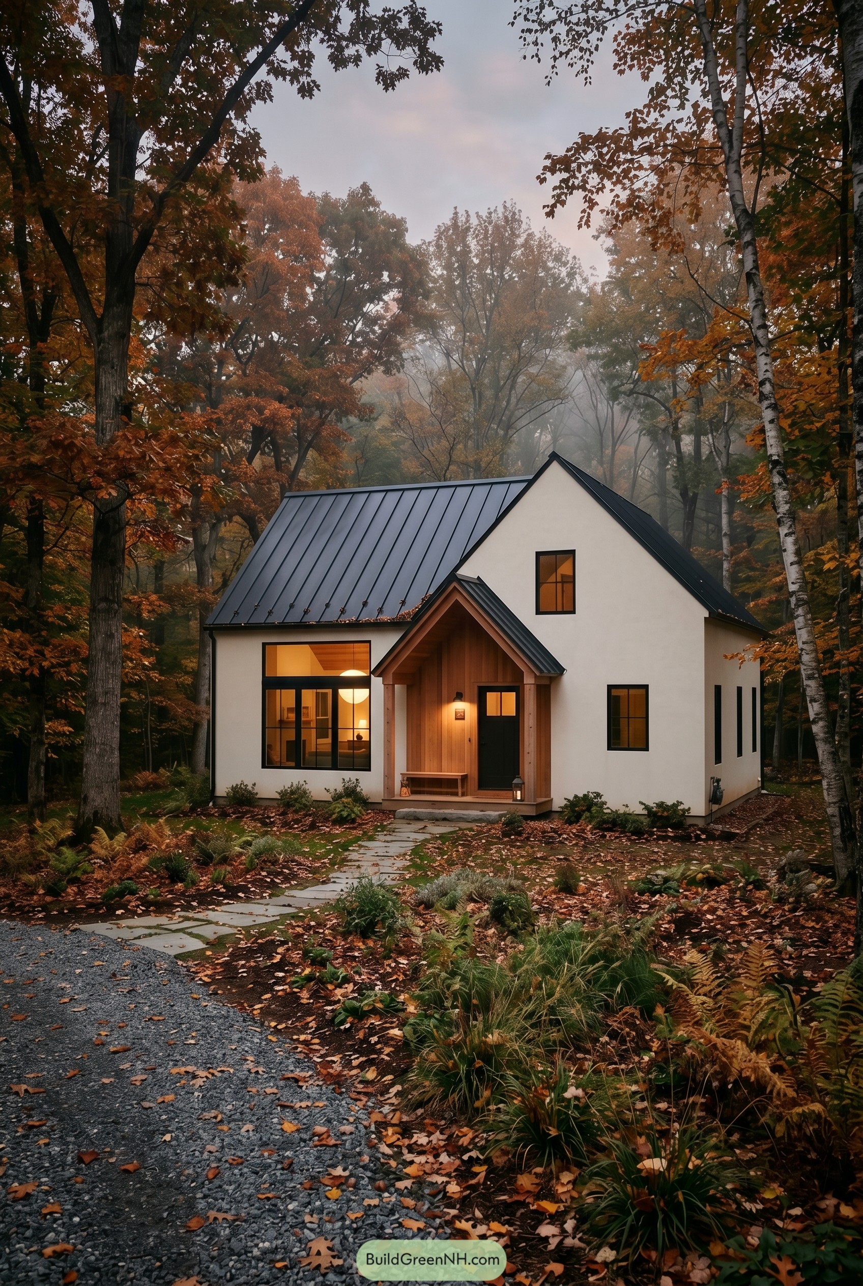 Warm white gabled house in autumn woods