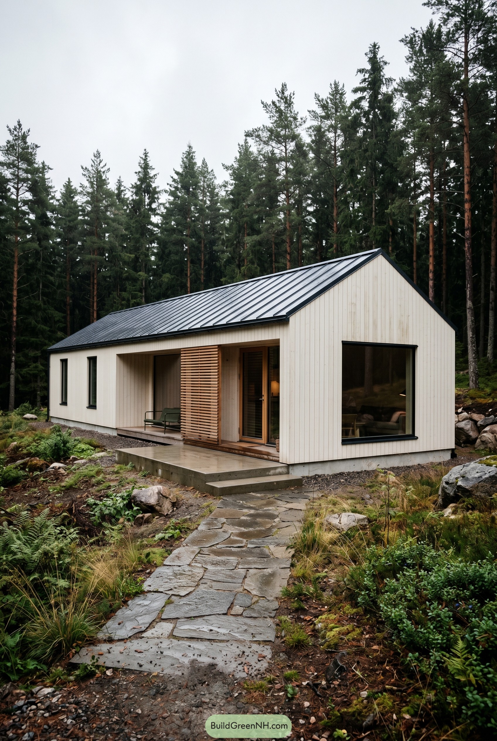 Warm white gabled house in pine forest
