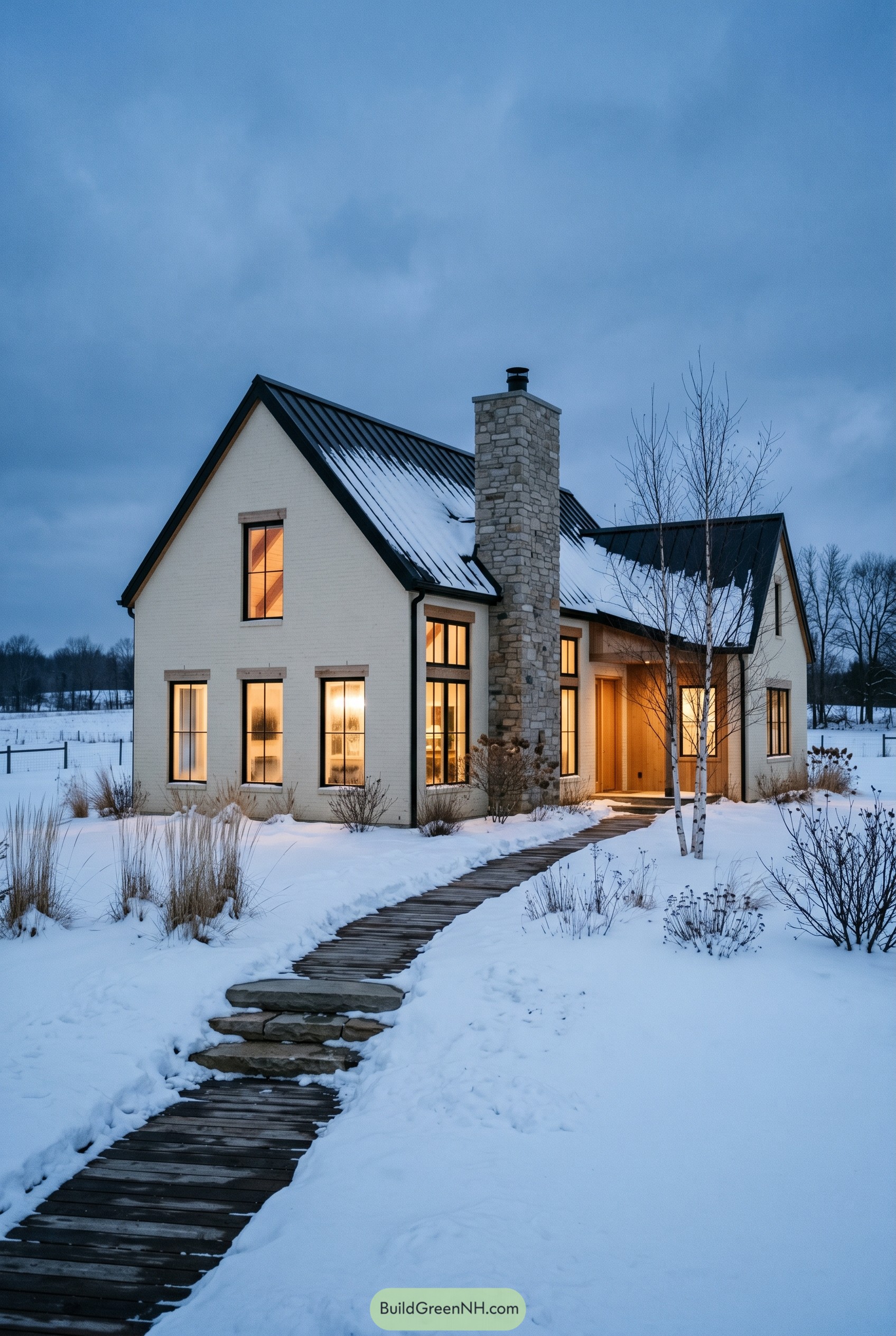 Warm white gabled house in snow