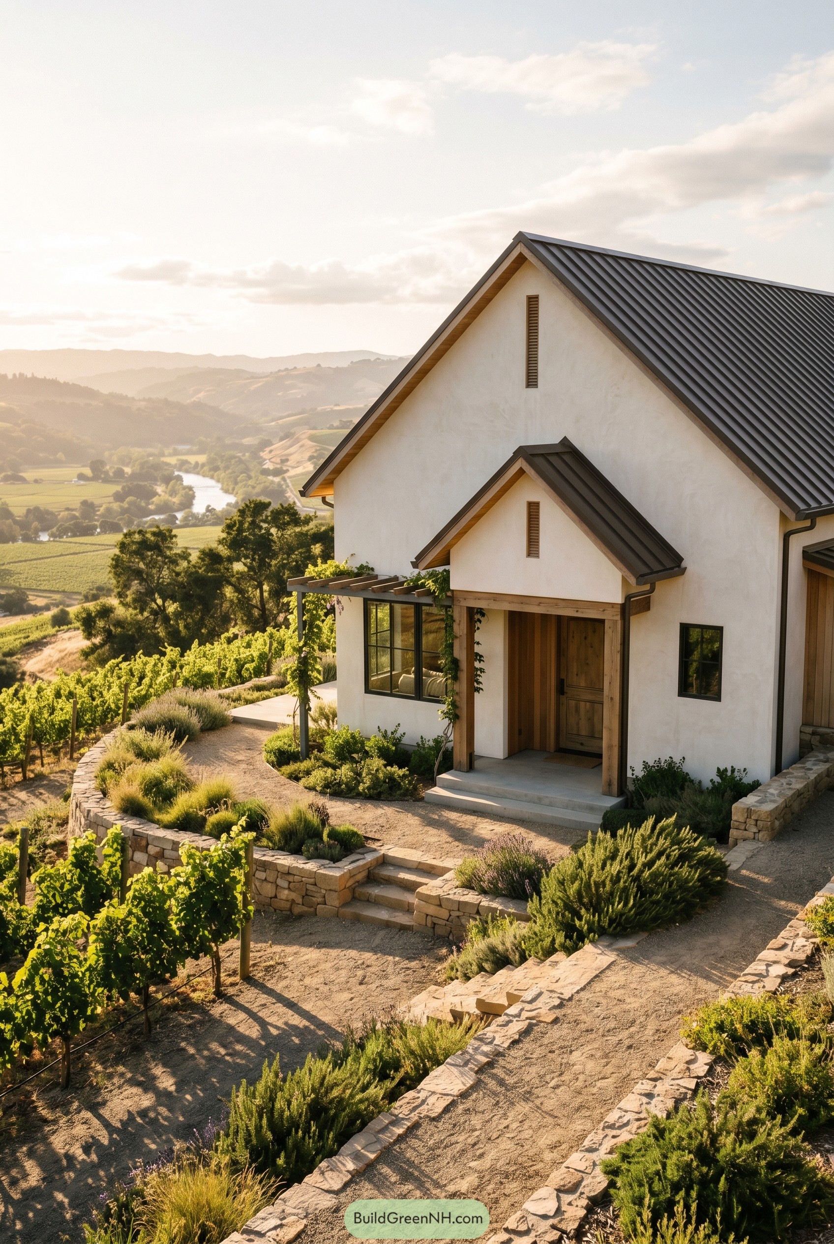 Warm white modern house above vineyard