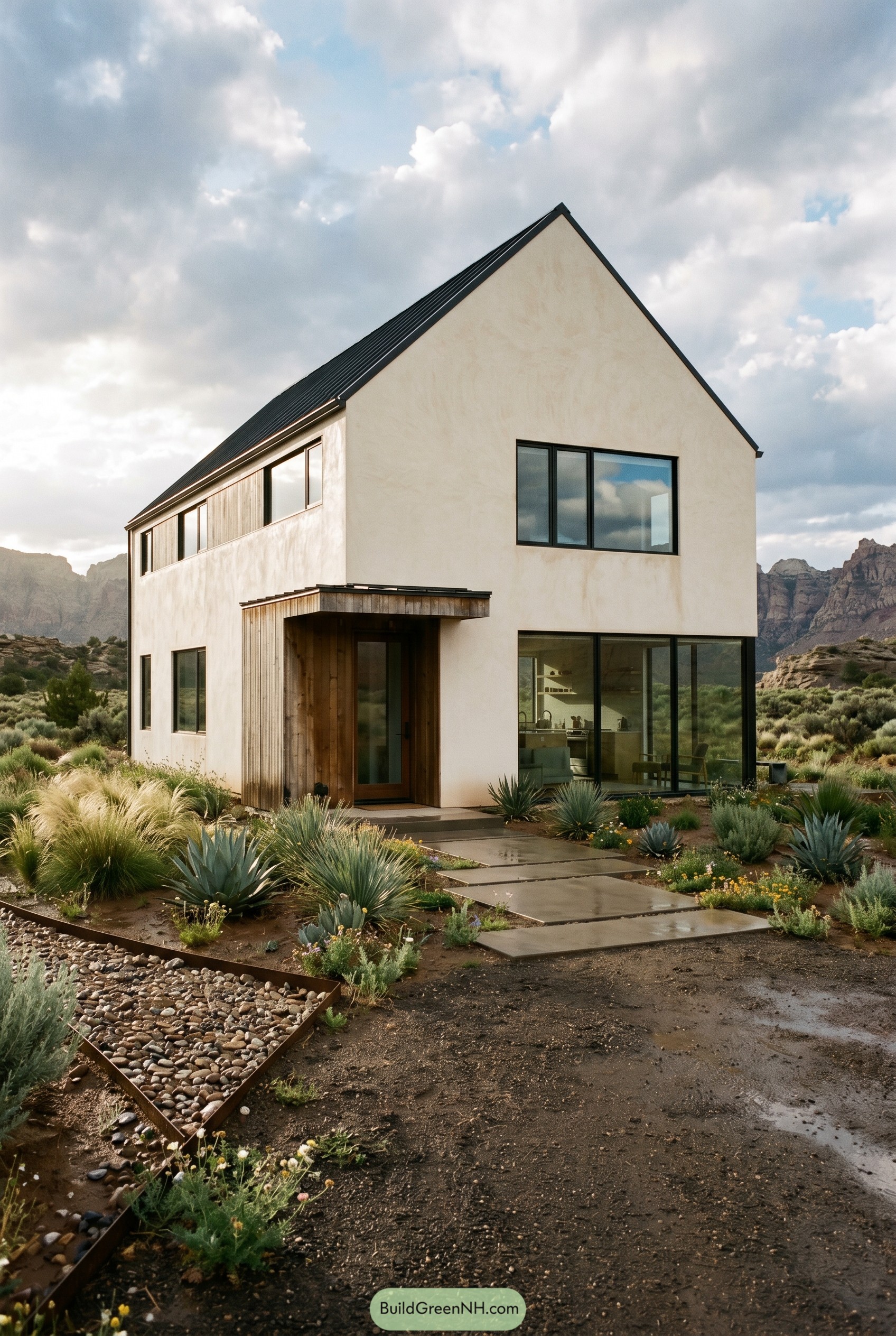 Warm white gabled house in desert landscape