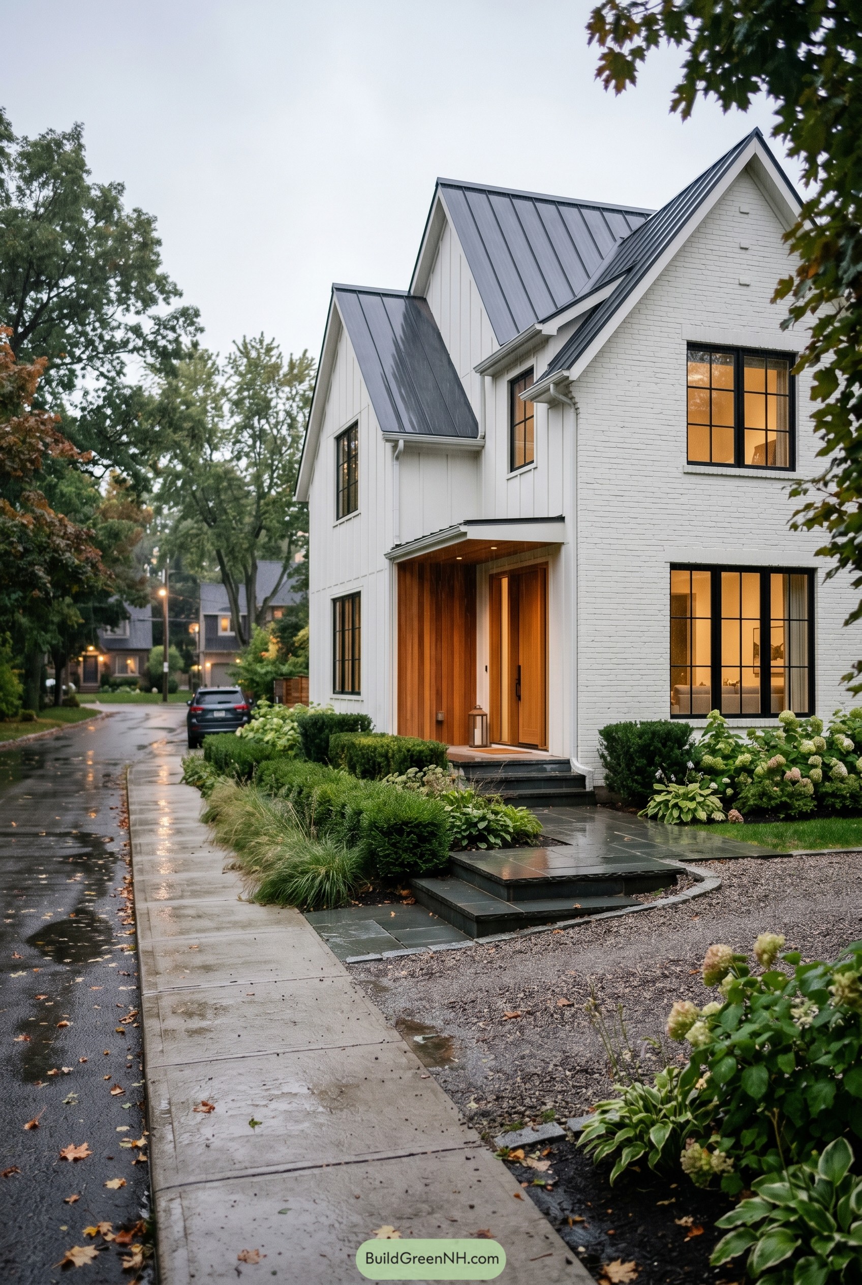 Warm white gabled house with black metal roof
