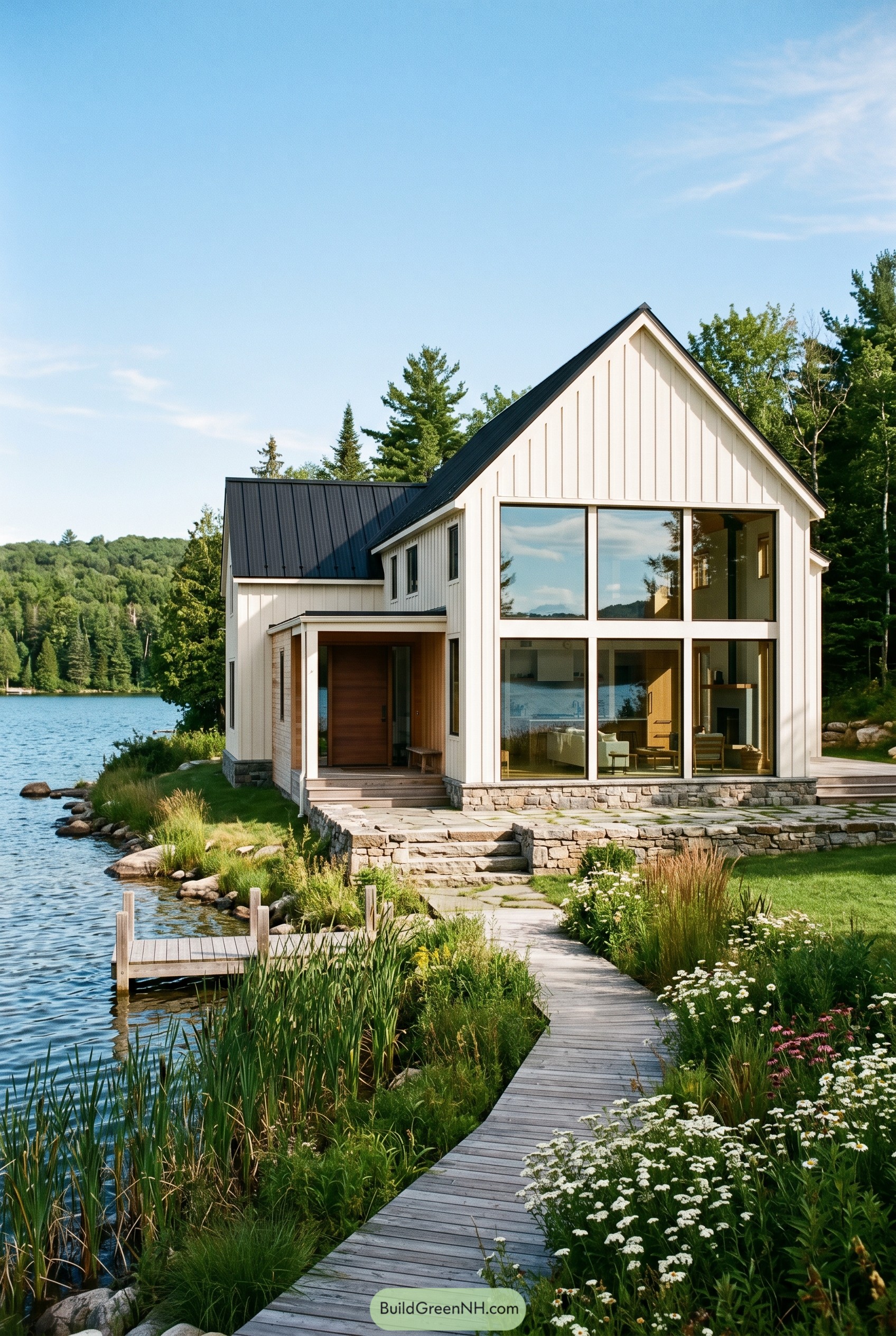White gabled lakeside house with tall windows