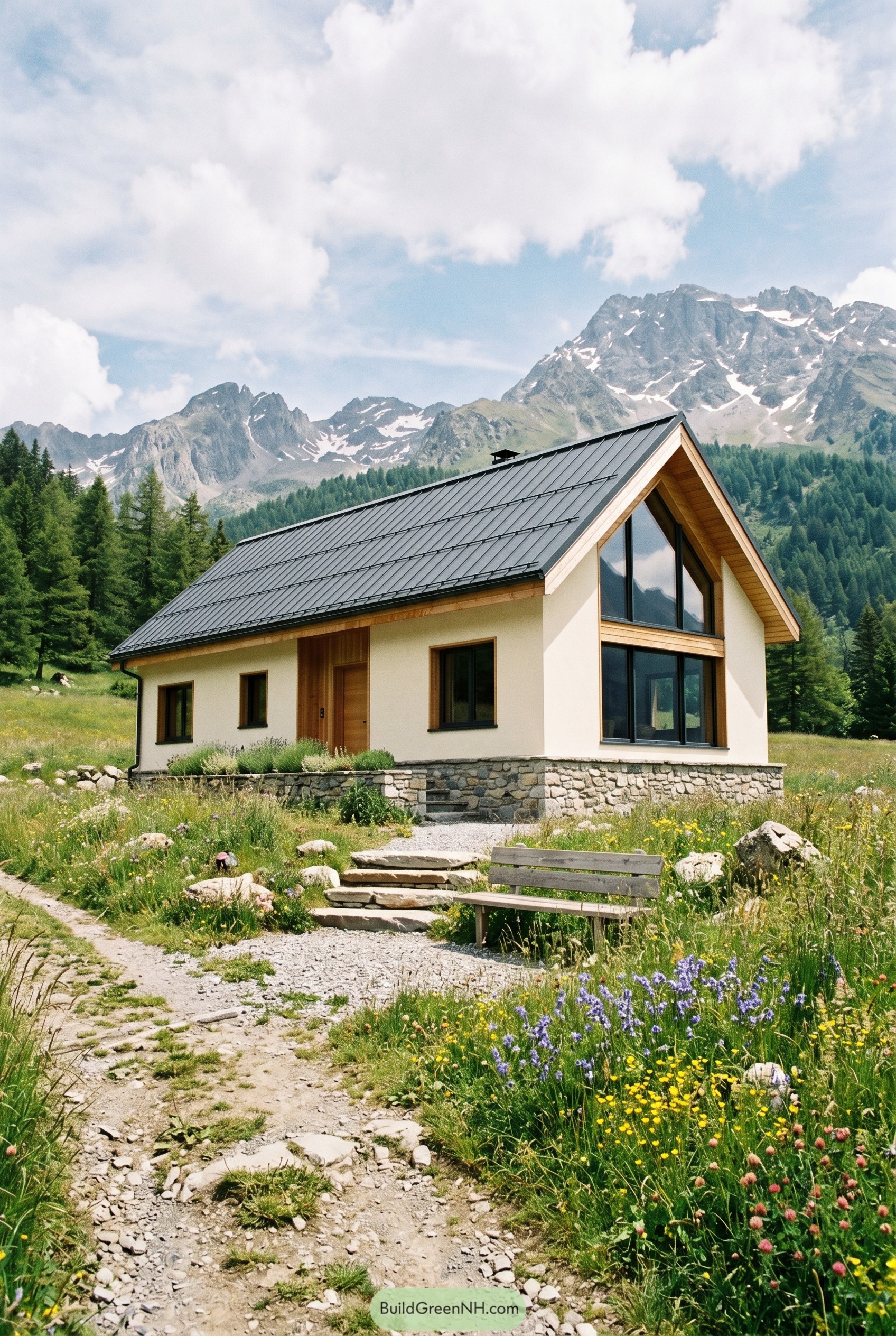 Warm white gabled house in alpine meadow