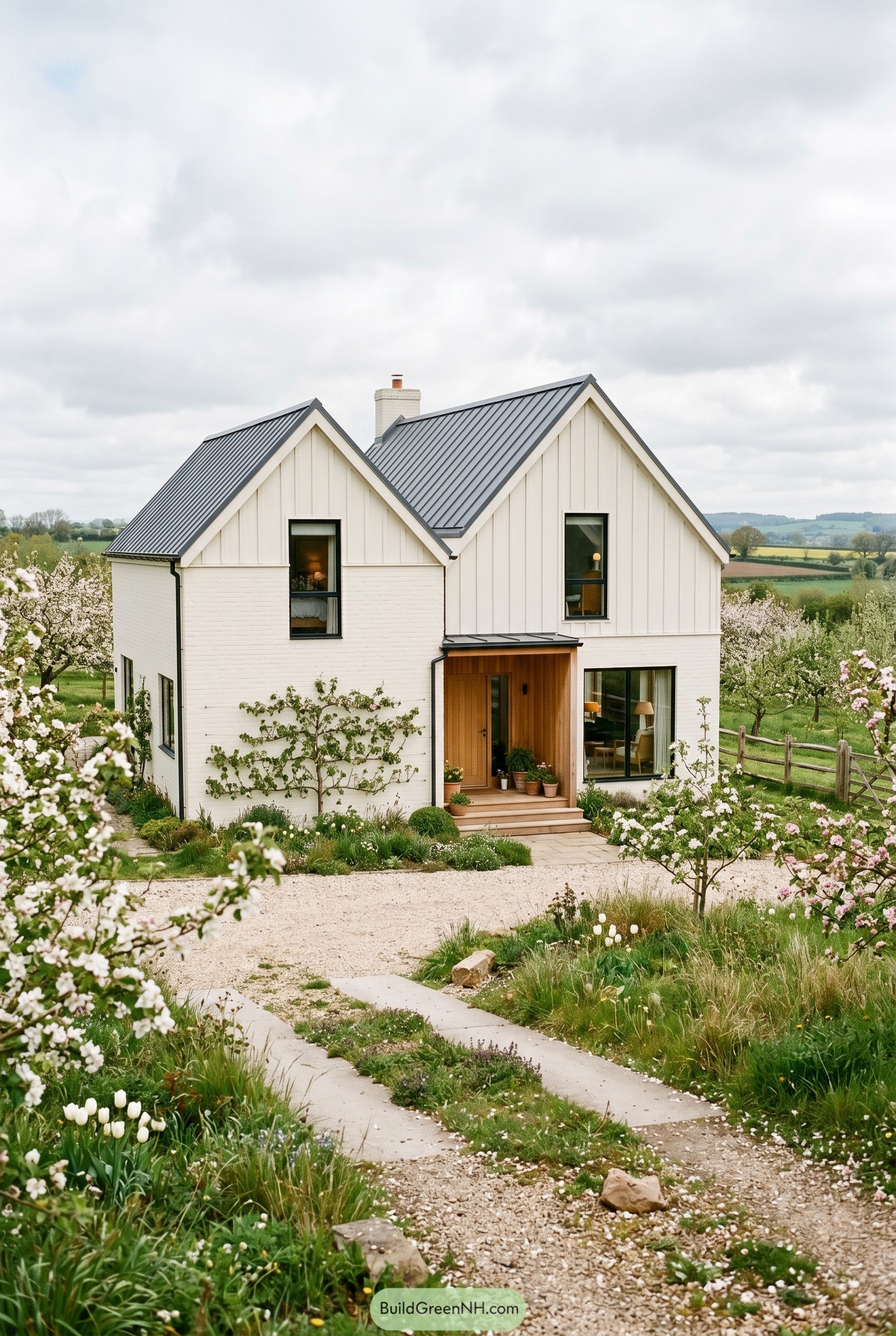 Warm white gabled house in blooming orchard
