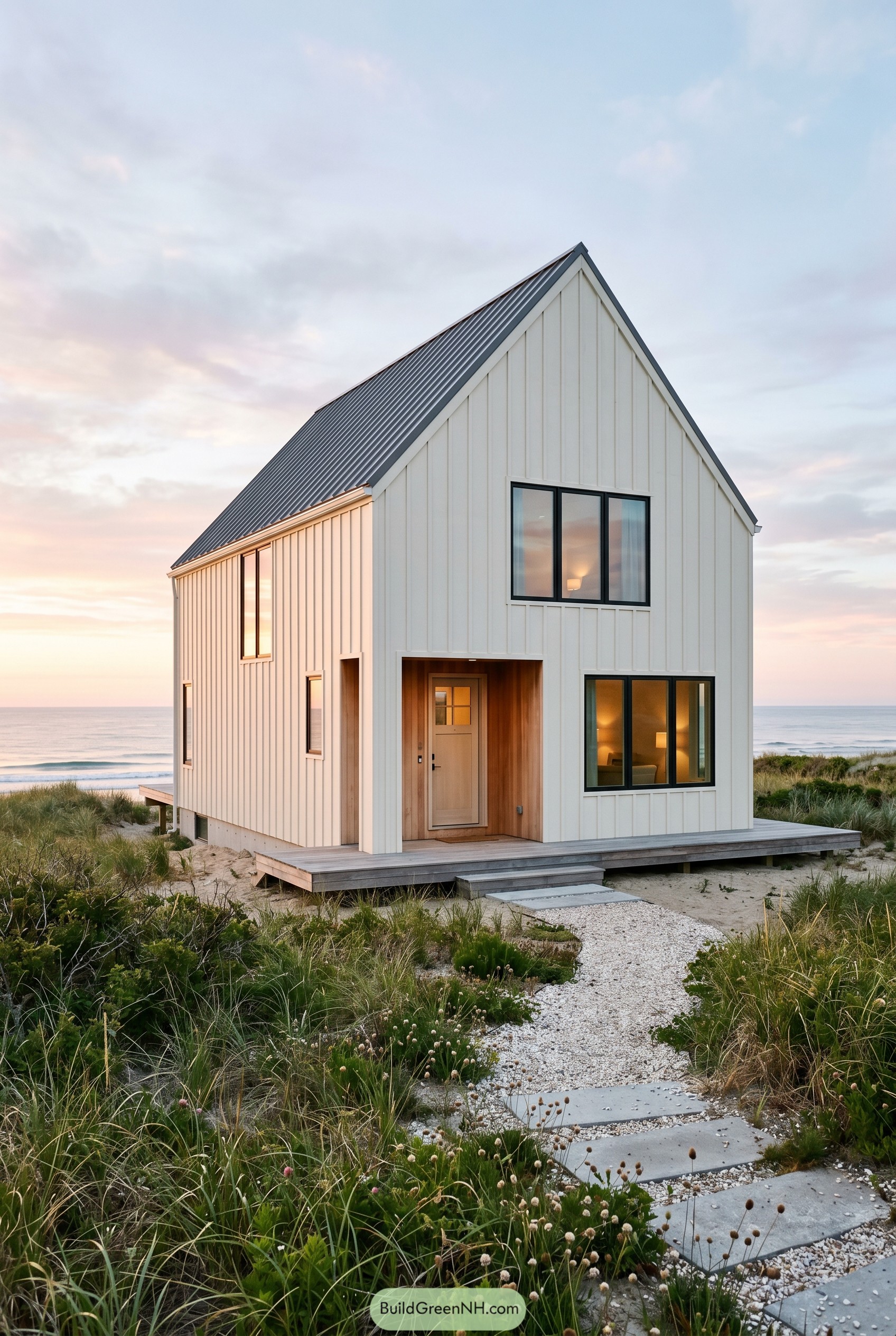 Warm white modern gabled beach house