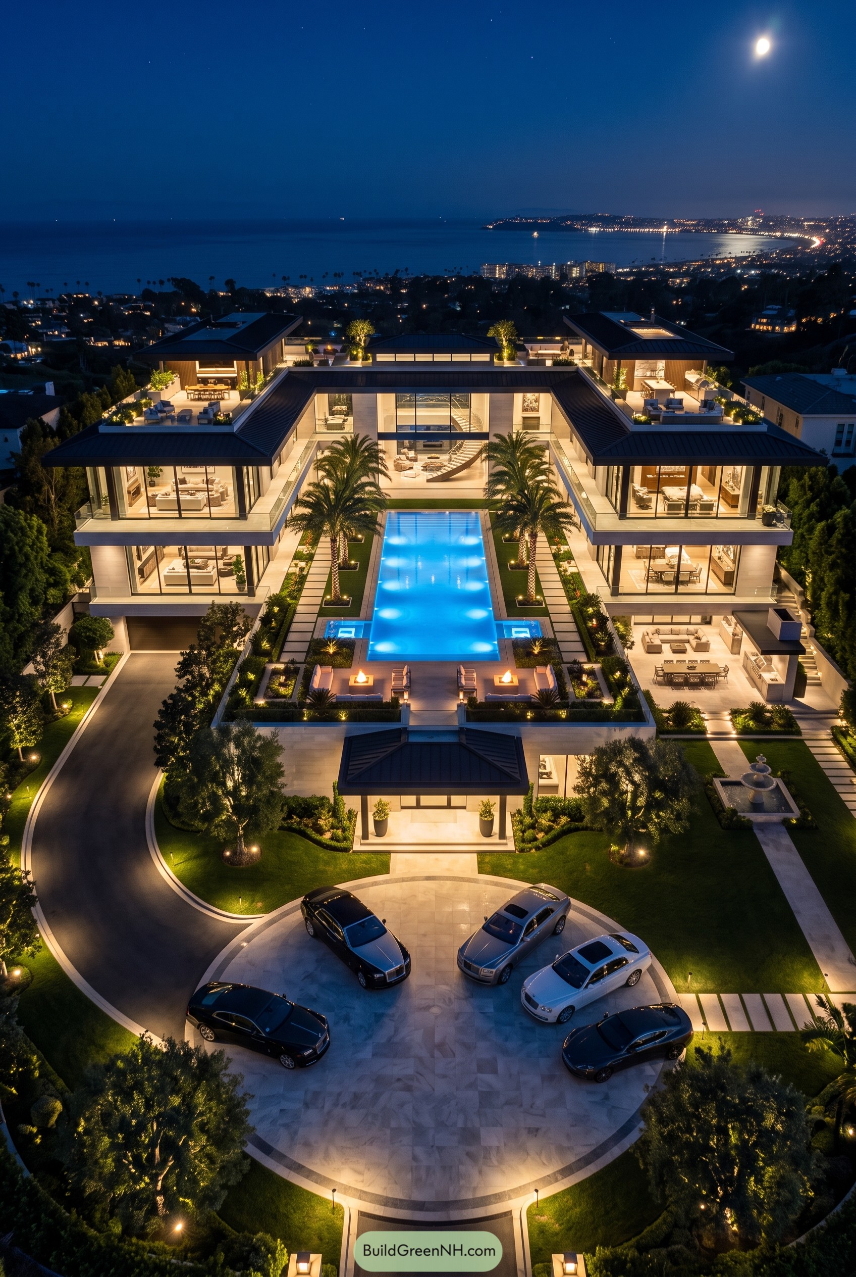 Night aerial view of oceanfront mansion with pool