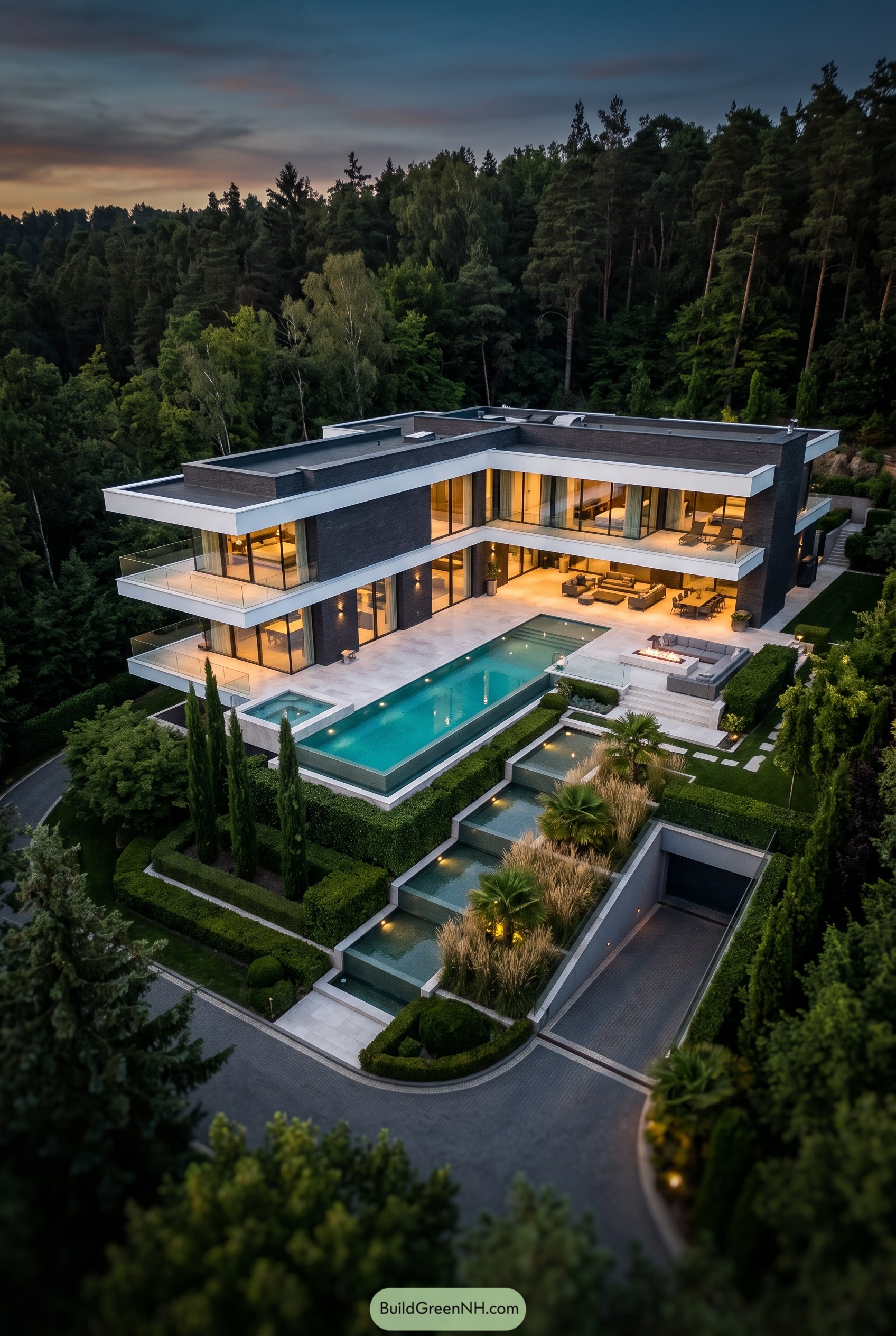 Modern mansion with pools in a forest