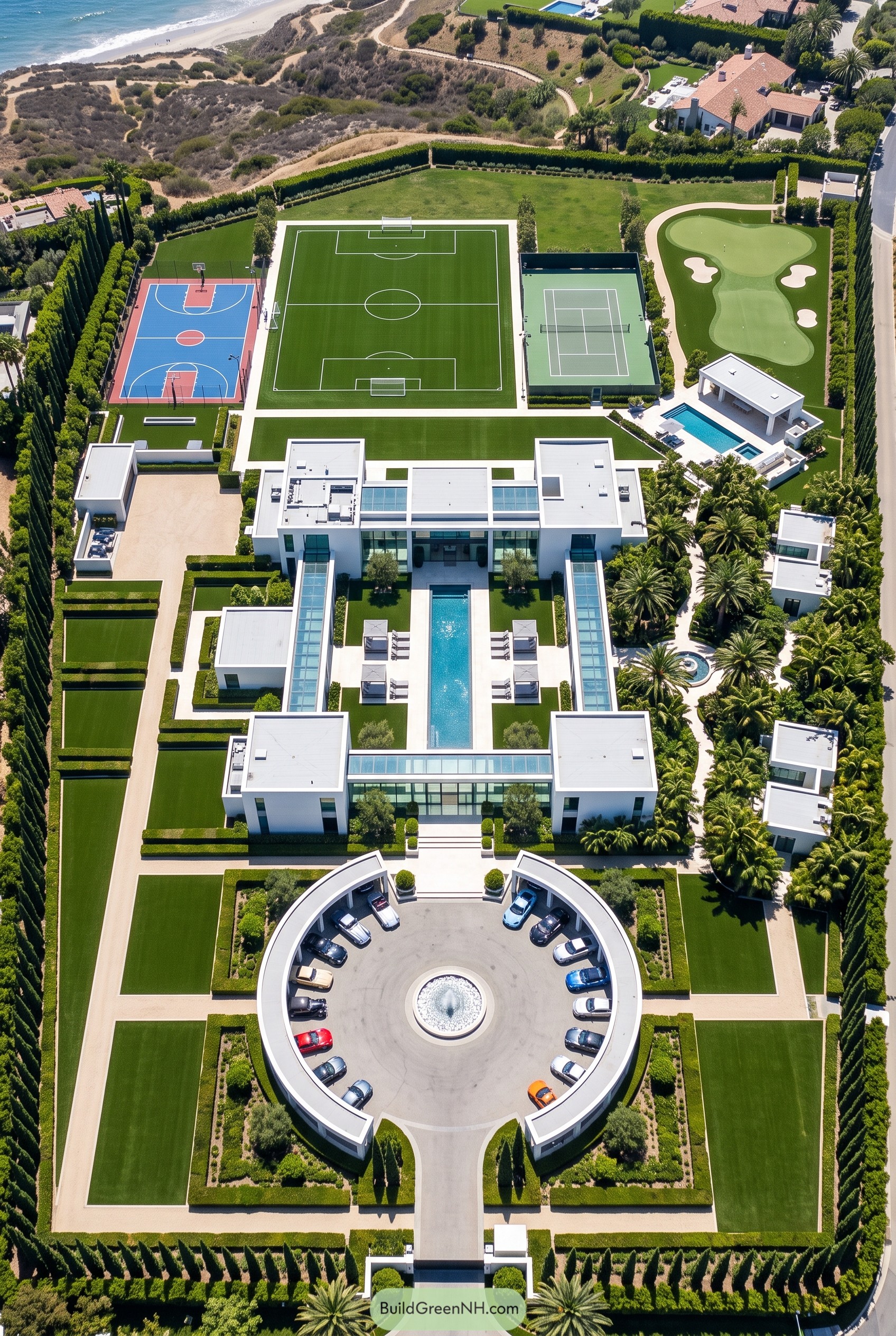 Aerial view of coastal mansion with sports courts and pool