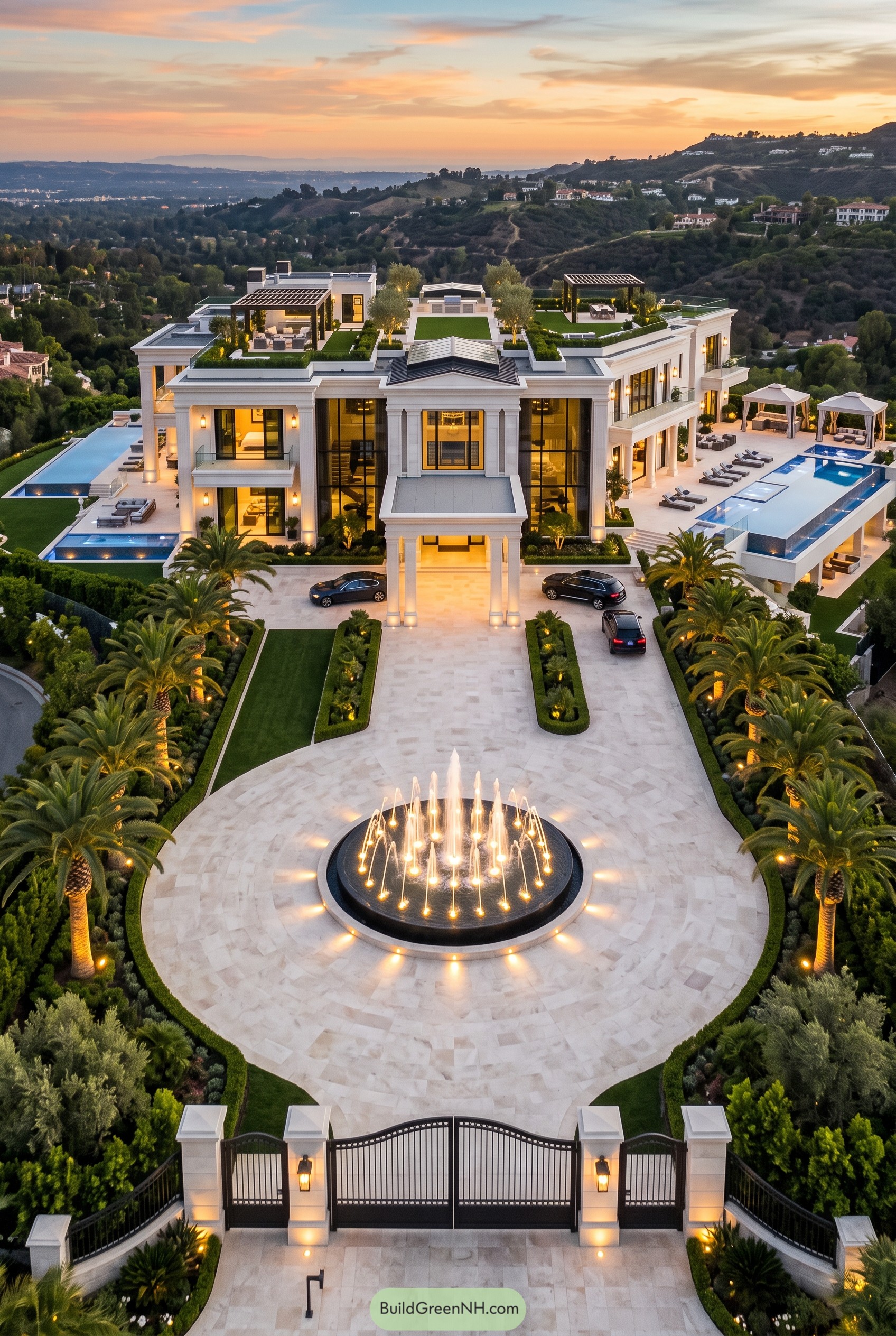 Aerial view of grand hillside mansion with fountain and pools