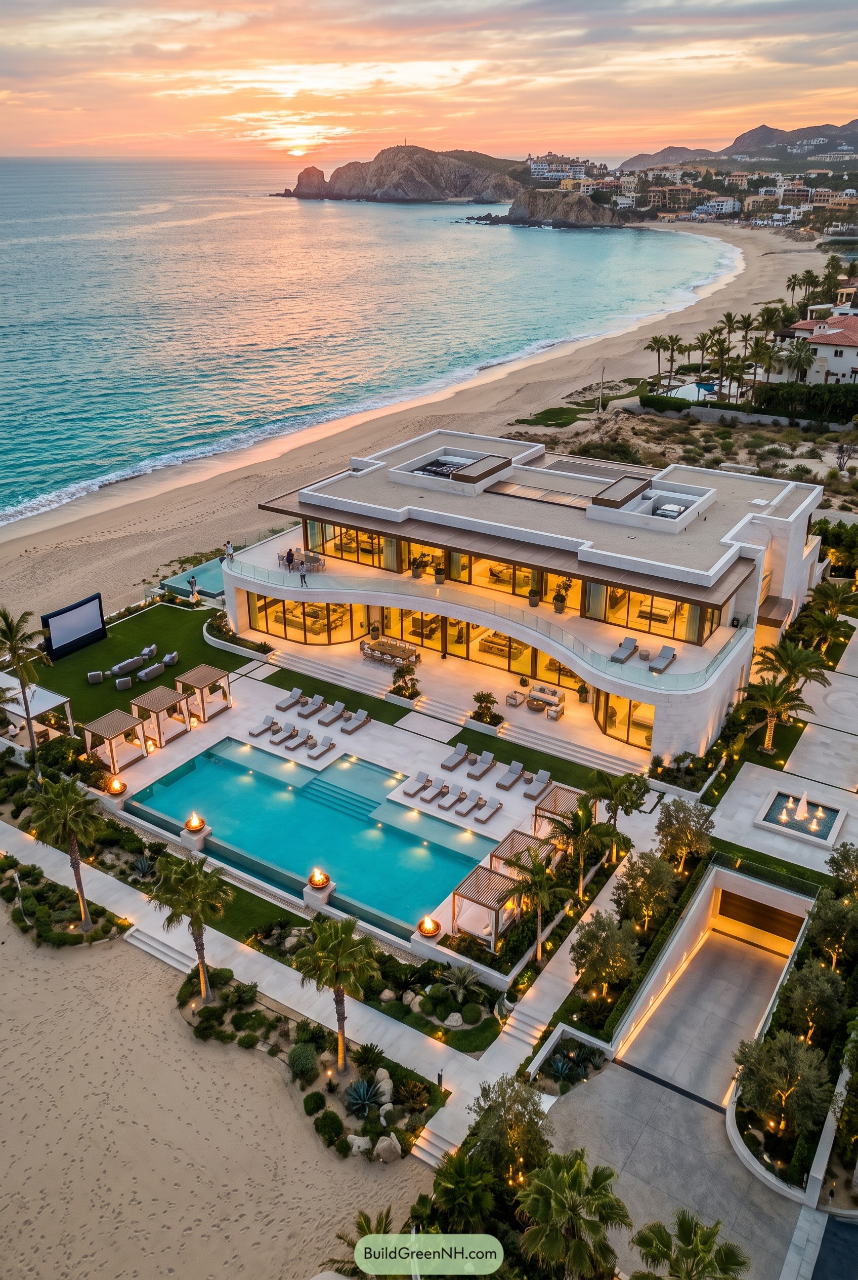 Beachfront mansion with pool at sunset