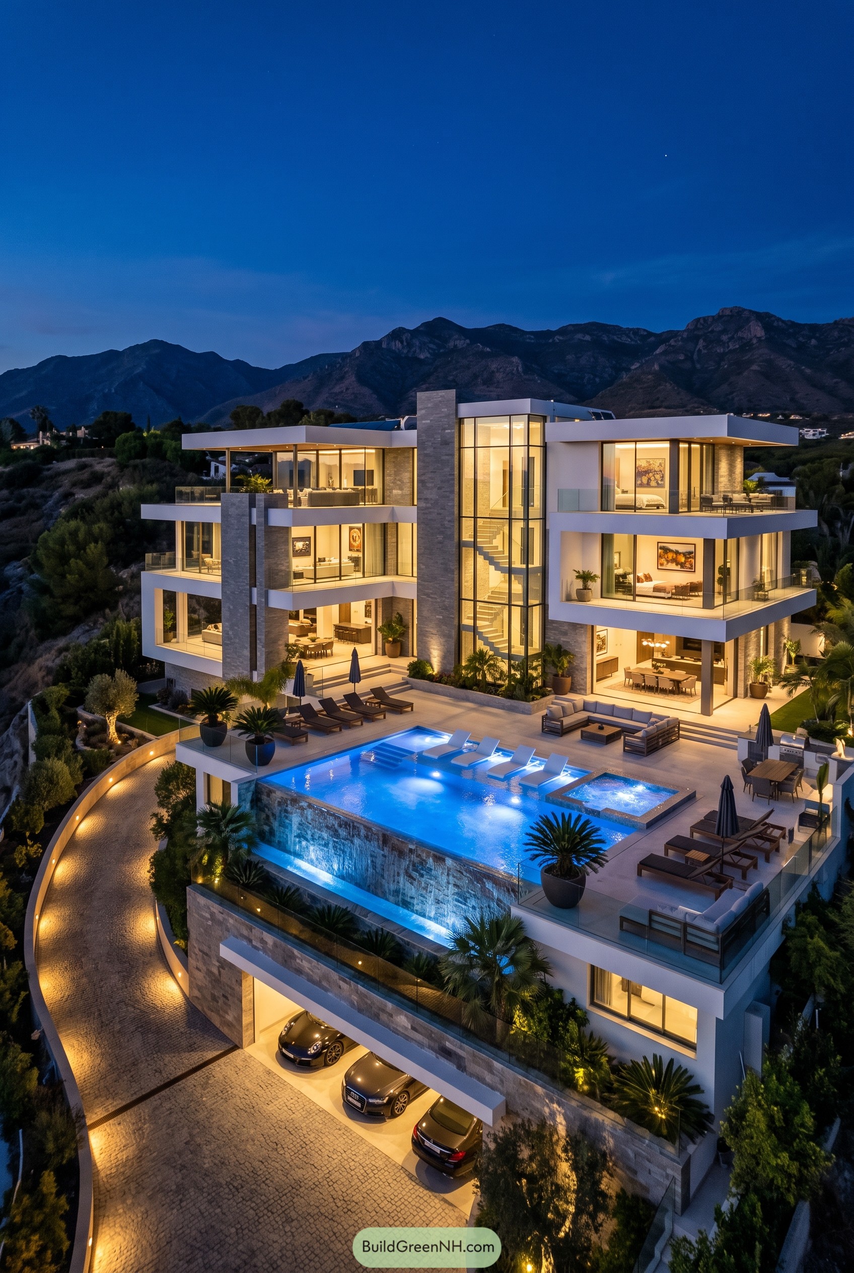 Modern mountain mansion with pool terraces