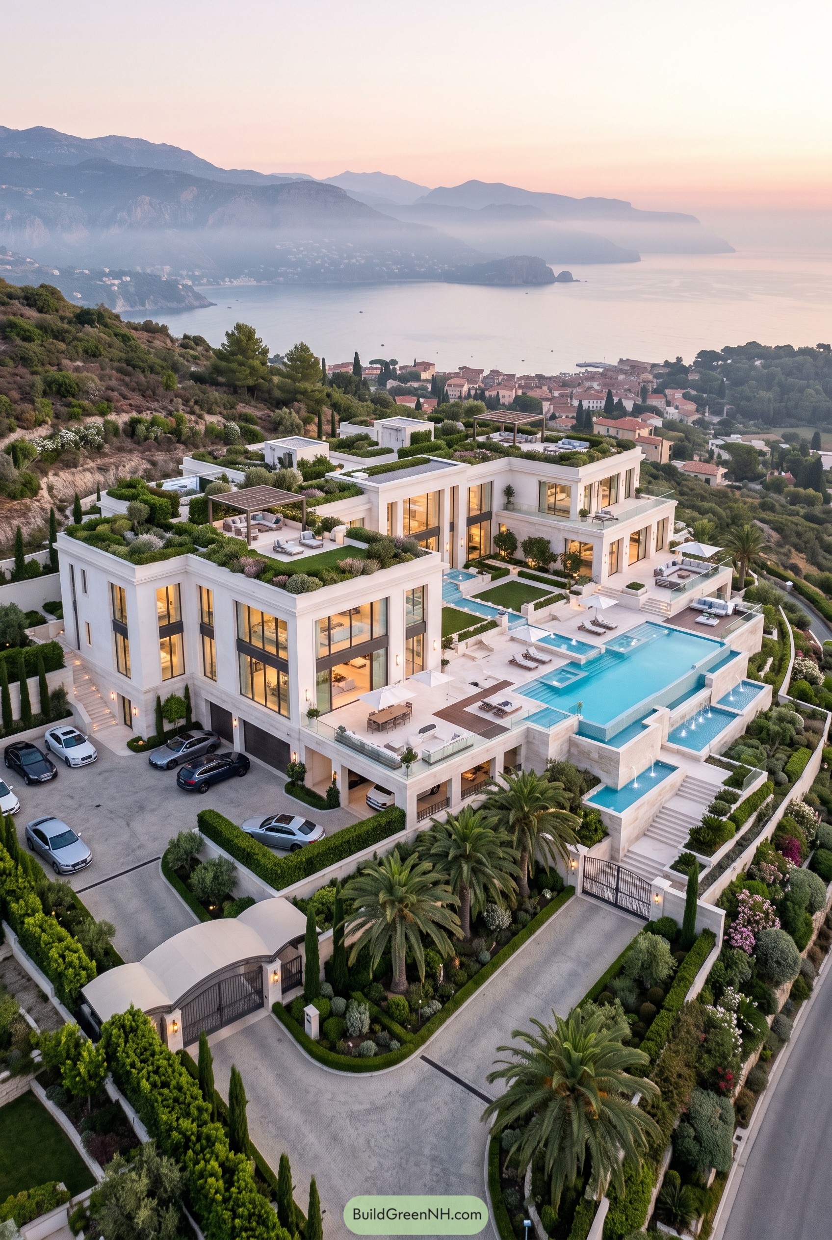 Terraced coastal mansion with rooftop gardens and infinity pools