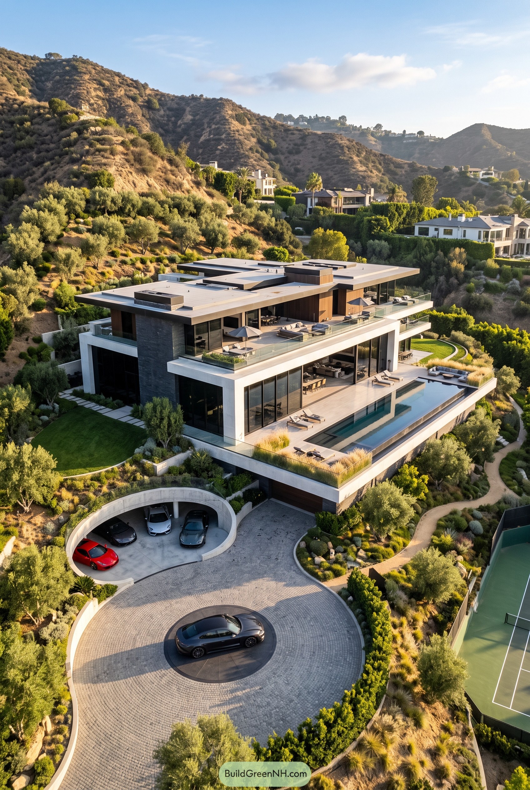 Modern hillside villa with pool terraces and motor court