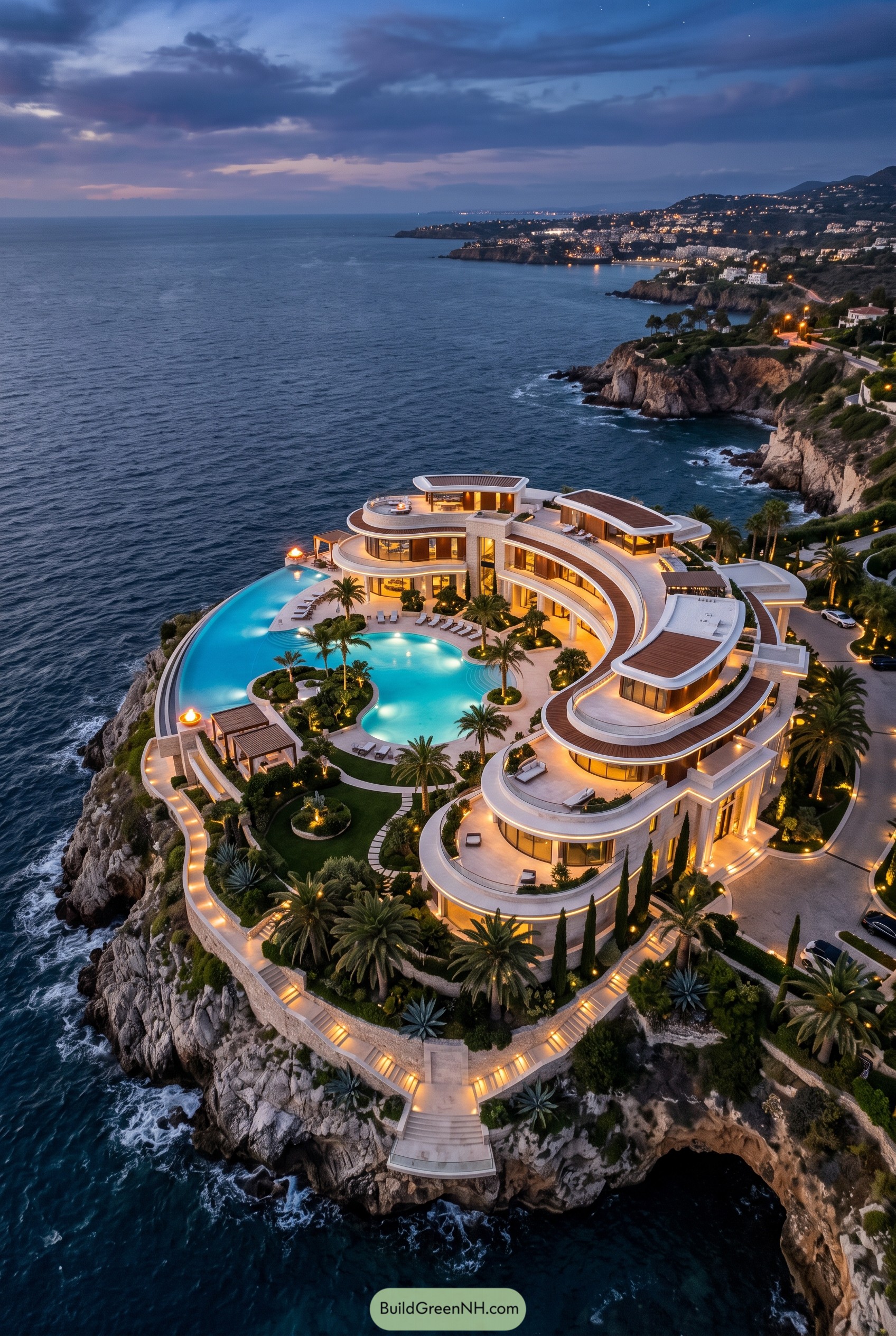 Cliffside mansion with curved terraces and pools