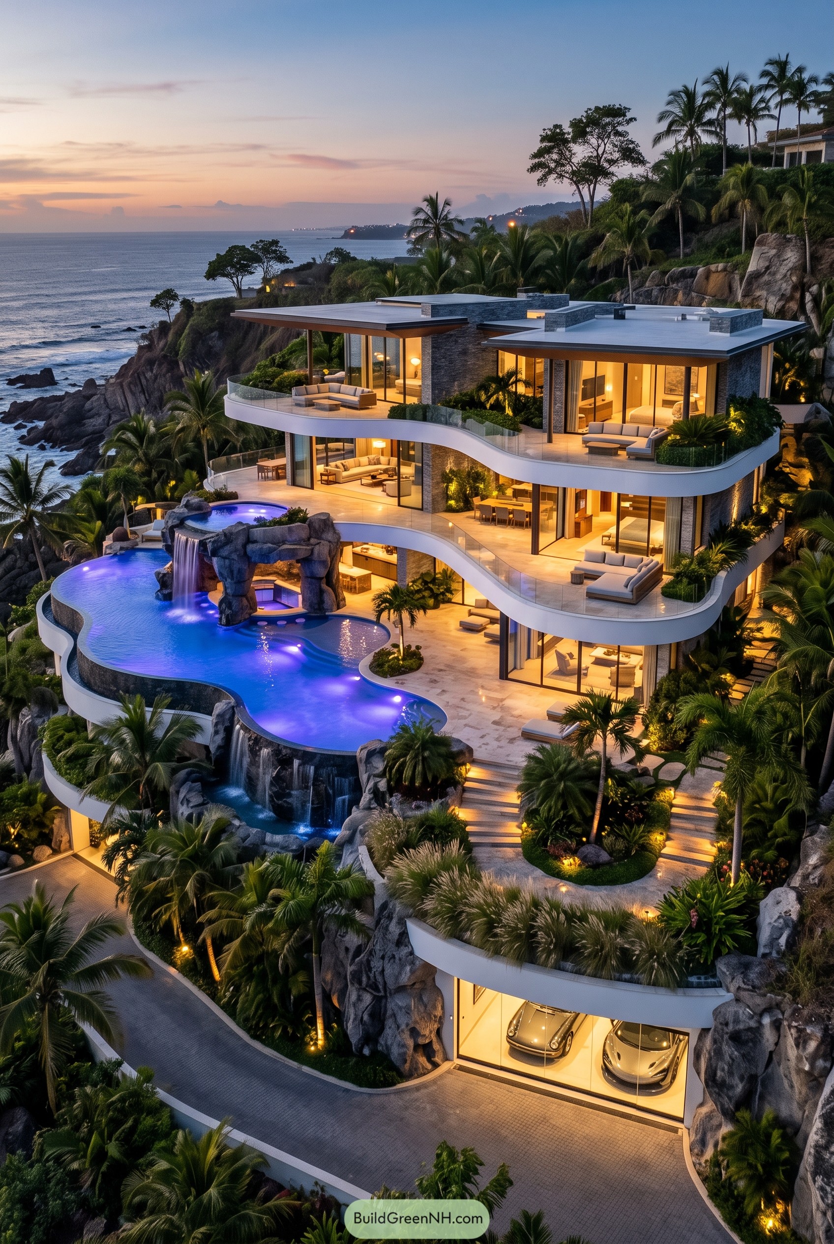 Terraced oceanfront mansion with pools and waterfalls