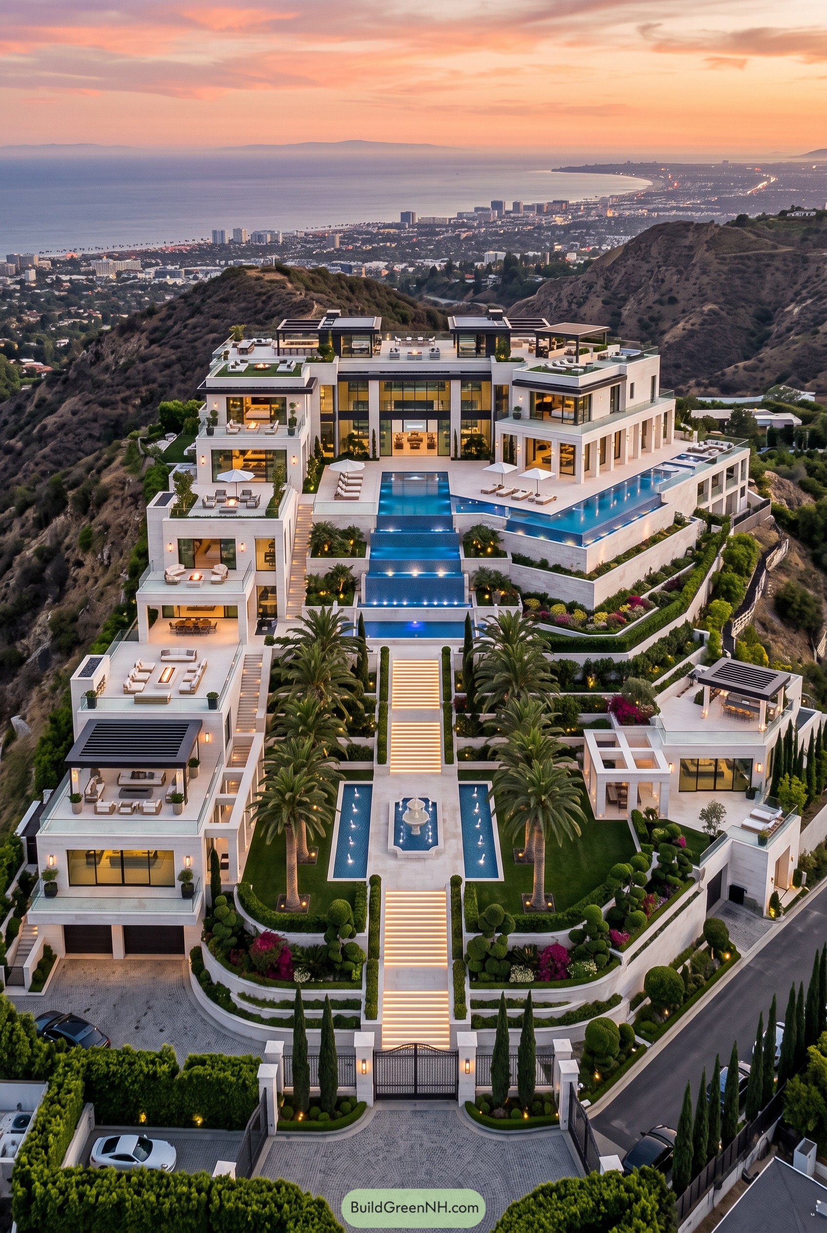 Terraced hillside mansion with pools and palms