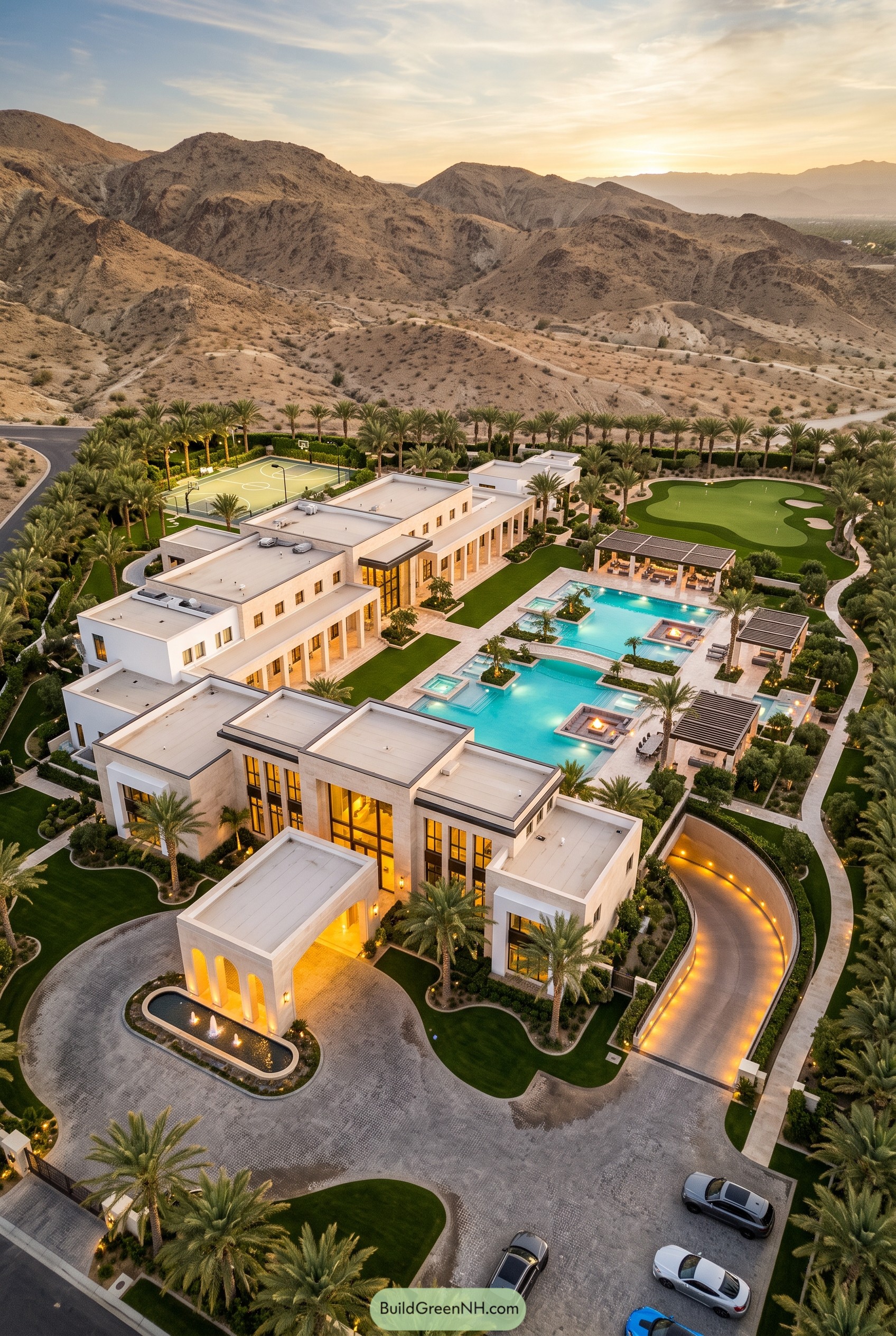 Aerial desert estate with pool court and putting green