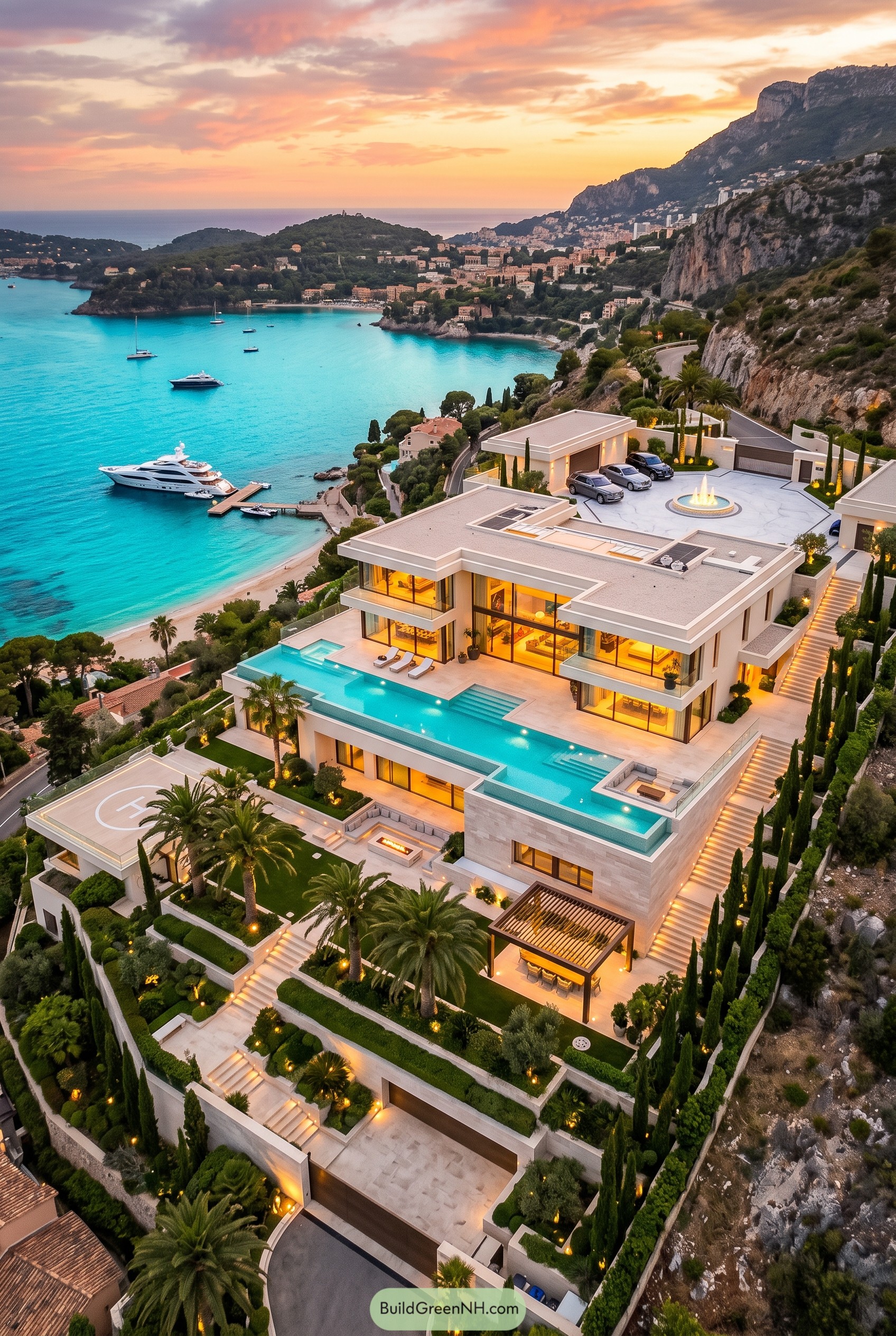 Modern coastal mansion with tiered pool terraces over a bay