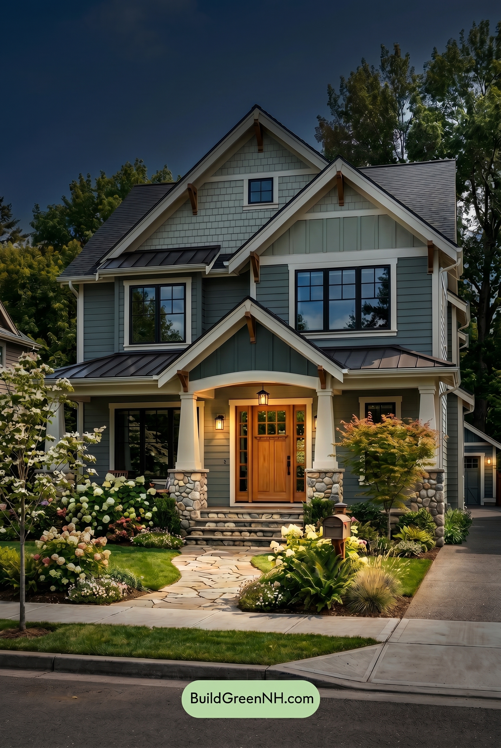 American Craftsman Green Exterior Color Schemes: Blue Green Warmth - Nighttime
