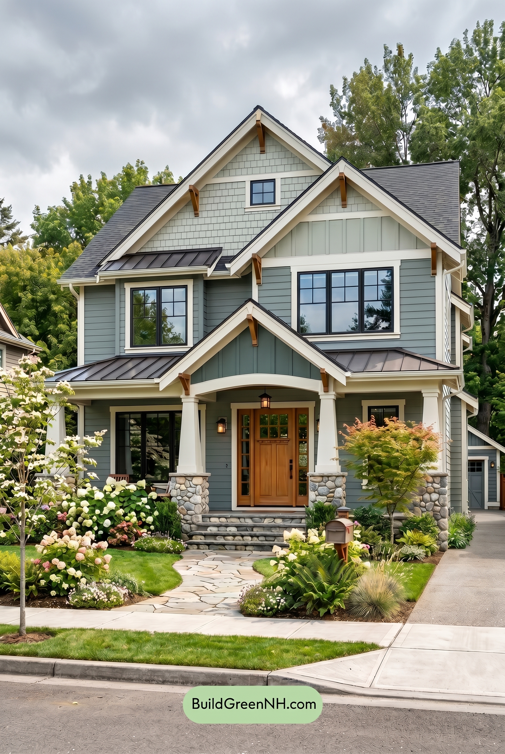American Craftsman Green Exterior Color Schemes: Blue Green Warmth - Overcast