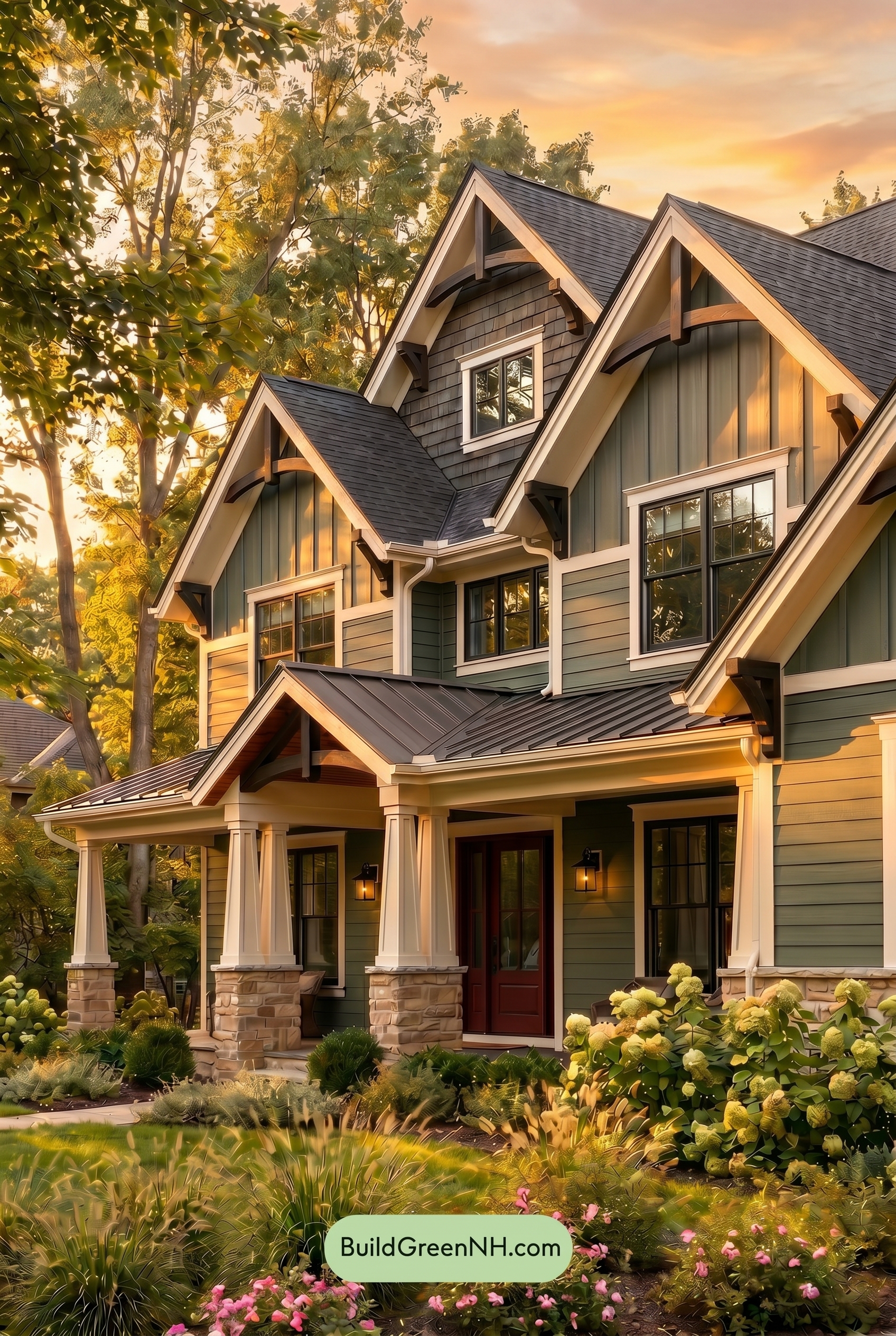 American Craftsman Green Exterior Color Schemes: Dark Green Poise - Golden Hour
