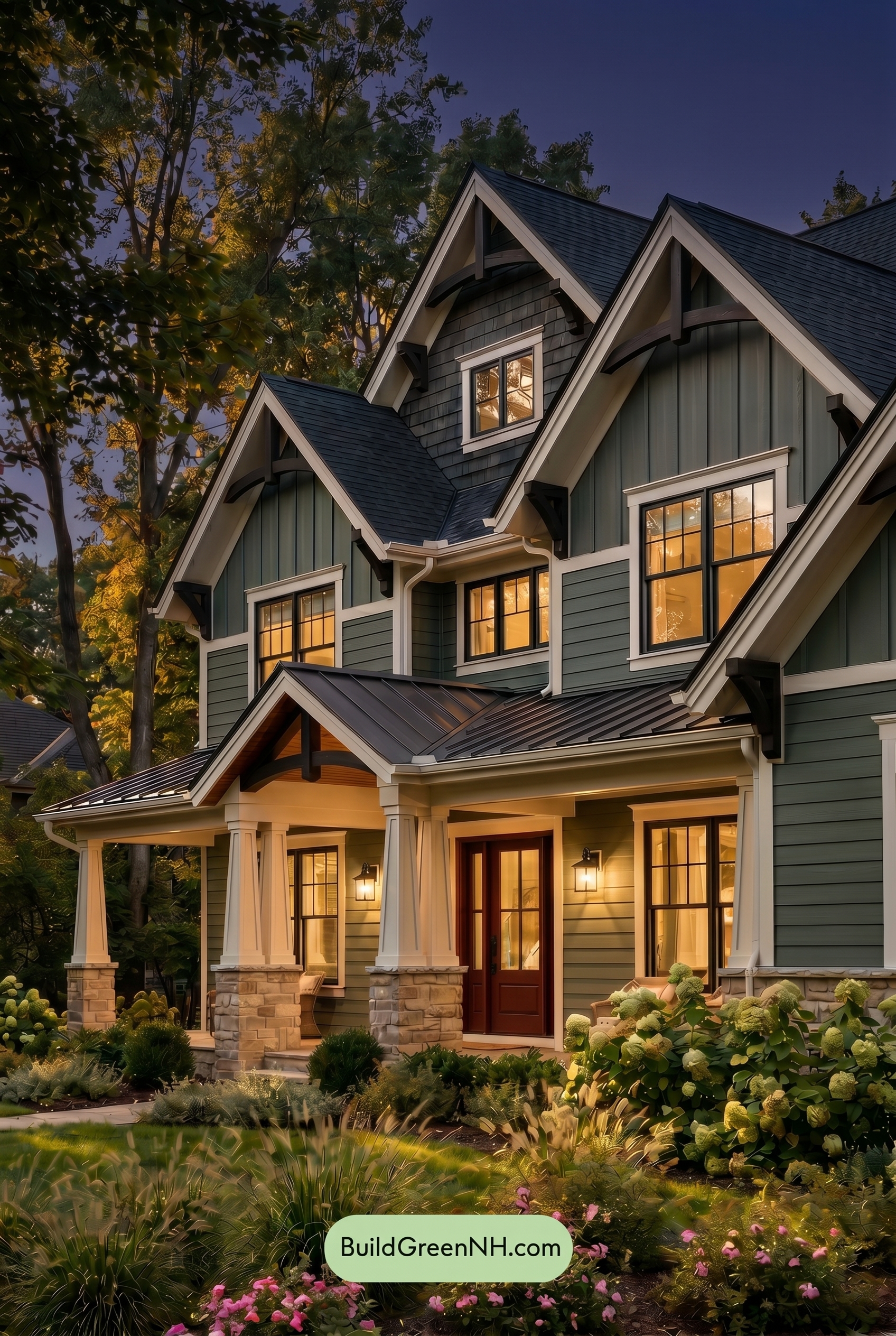 American Craftsman Green Exterior Color Schemes: Dark Green Poise - Nighttime