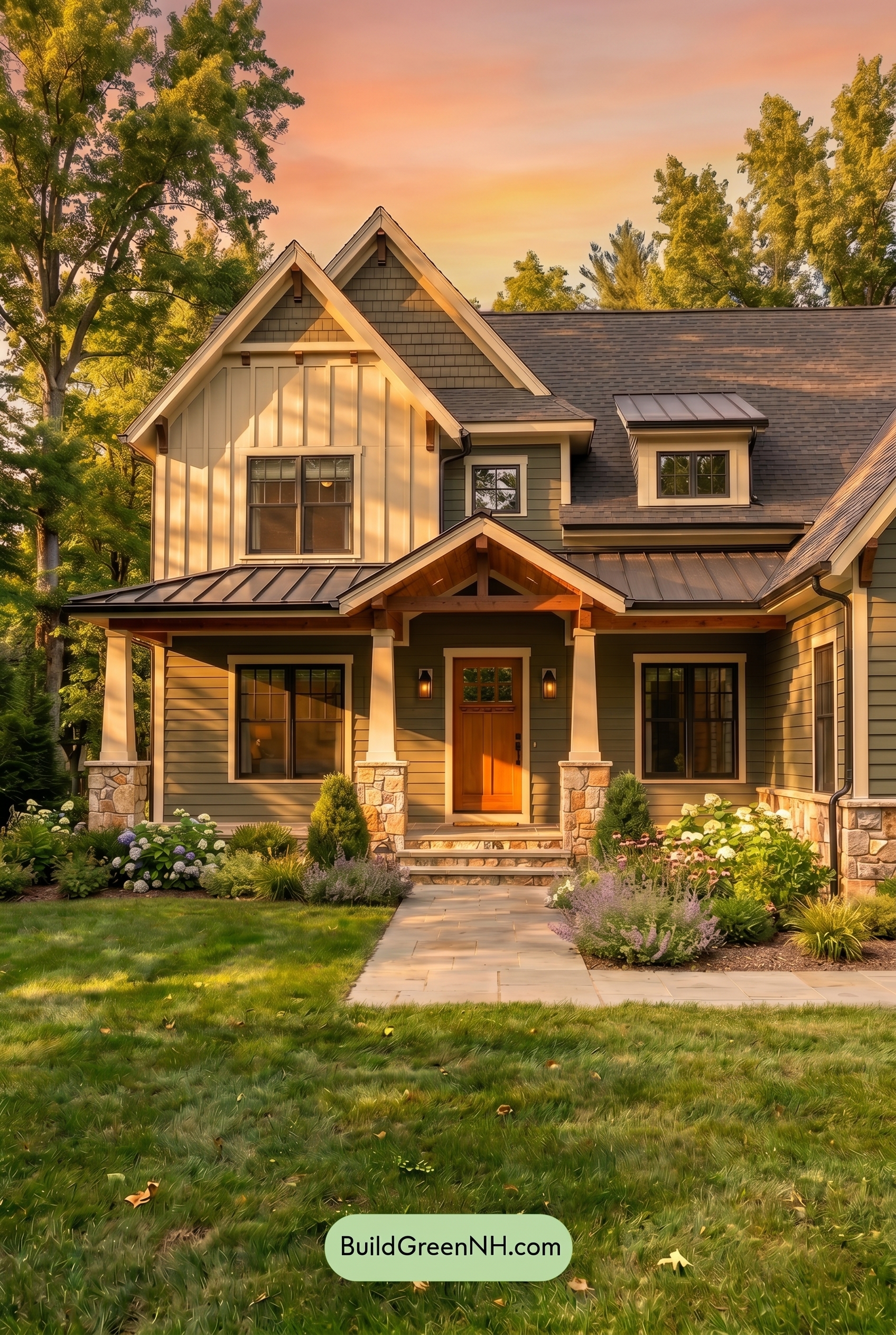 American Craftsman Green Exterior Color Schemes: Deep Green Glow - Golden Hour