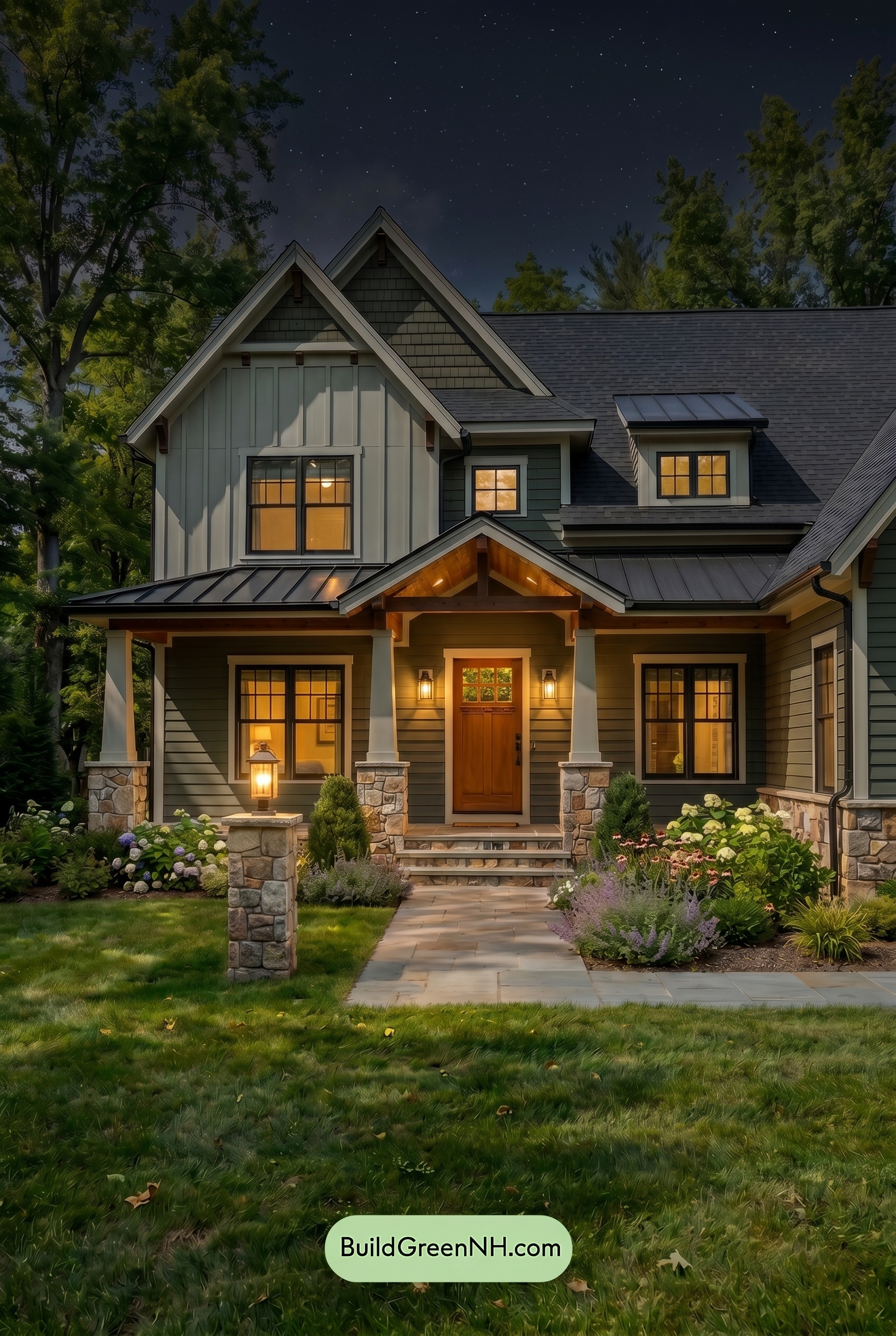 American Craftsman Green Exterior Color Schemes: Deep Green Glow - Nighttime