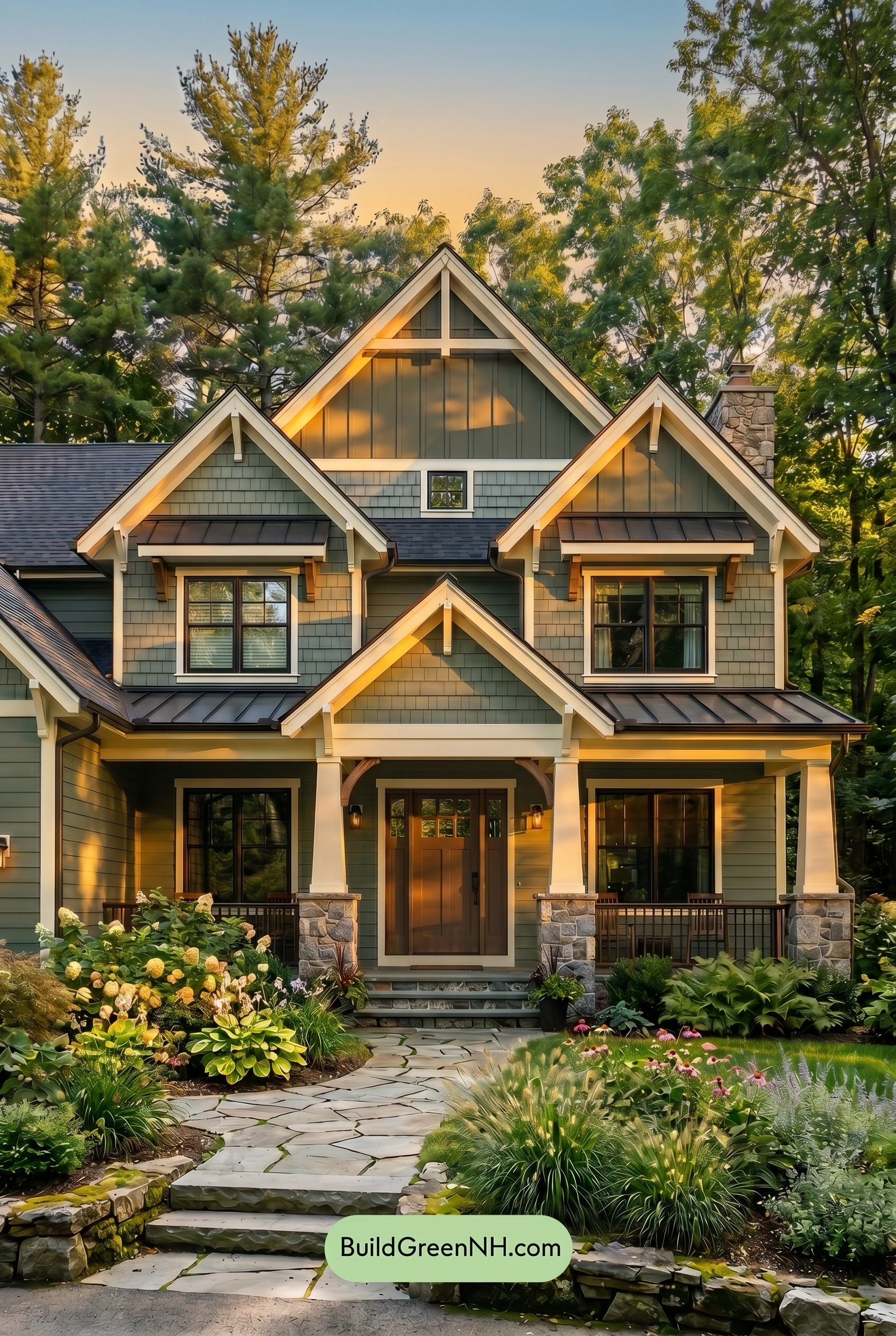 American Craftsman Green Exterior Color Schemes: Deep Green Hearth - Golden Hour