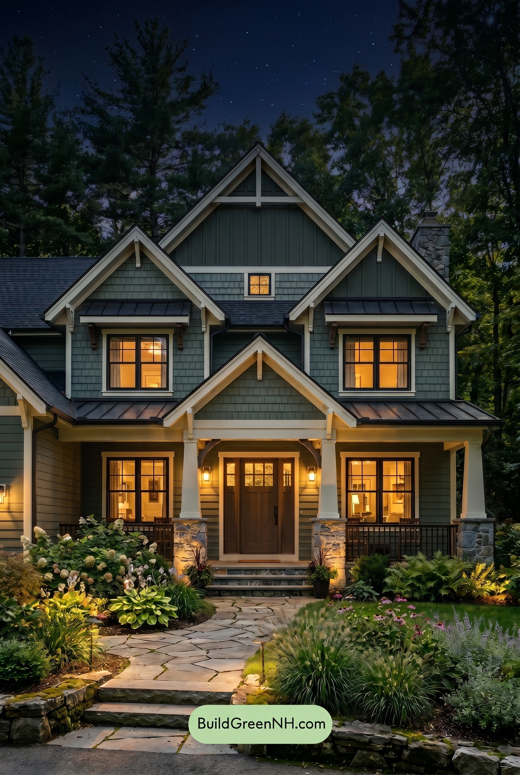 American Craftsman Green Exterior Color Schemes: Deep Green Hearth - Nighttime