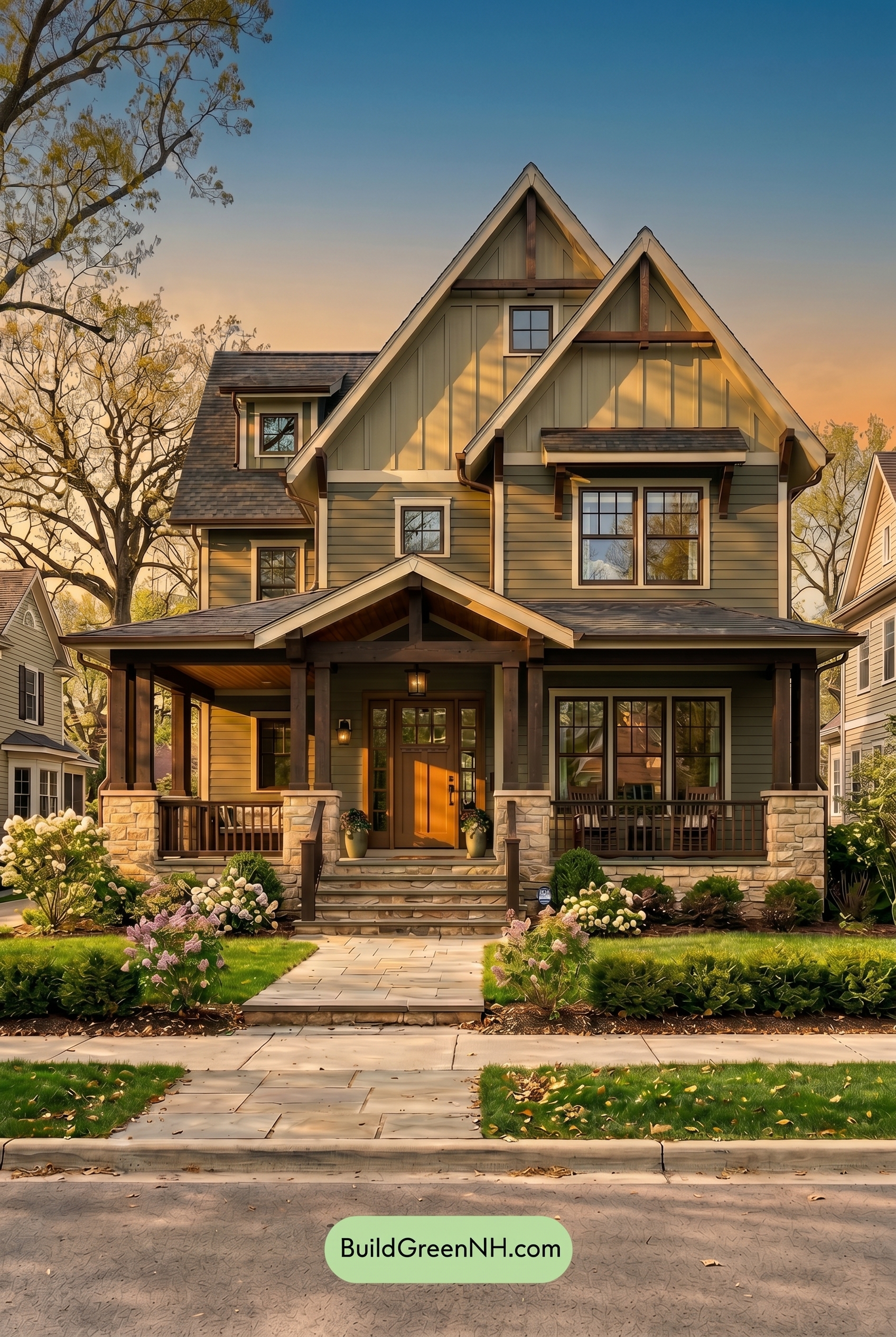 American Craftsman Green Exterior Color Schemes: Deep Green Warmth - Golden Hour