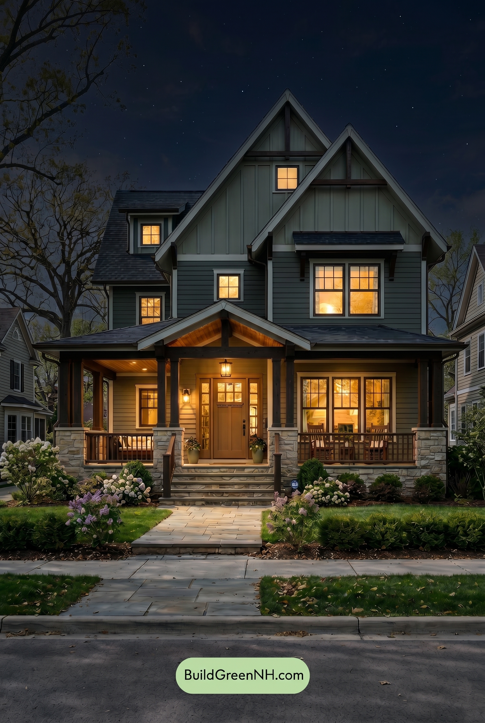 American Craftsman Green Exterior Color Schemes: Deep Green Warmth - Nighttime