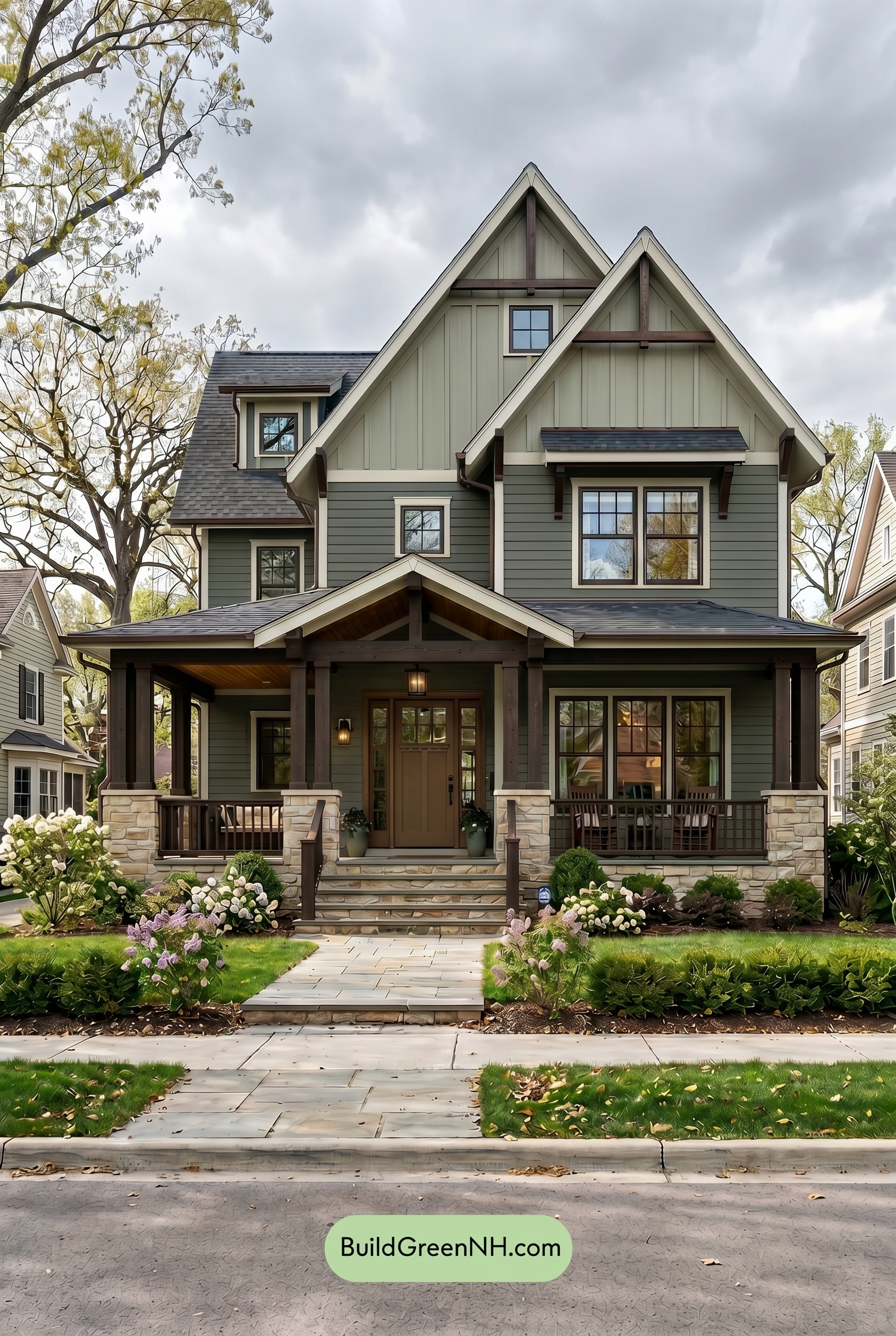 American Craftsman Green Exterior Color Schemes: Deep Green Warmth - Overcast