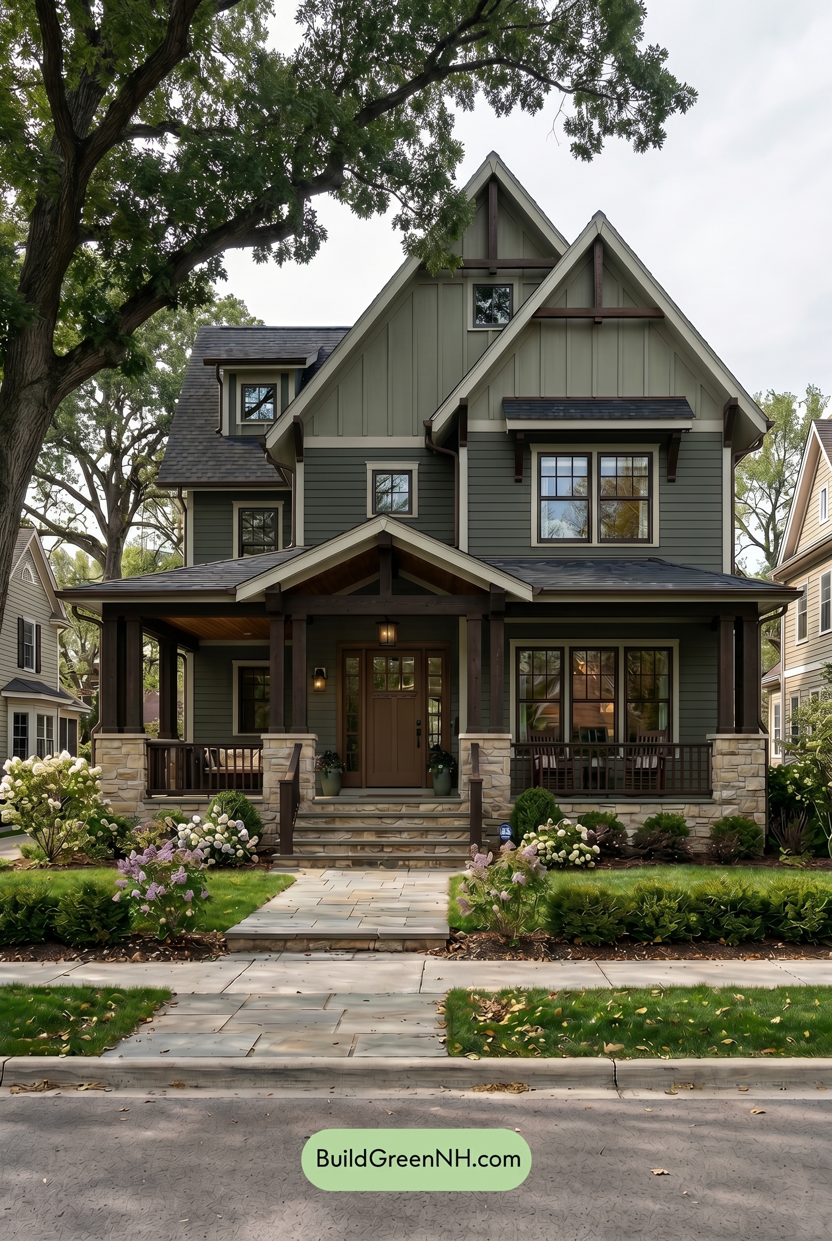 American Craftsman Green Exterior Color Schemes: Deep Green Warmth - Shade
