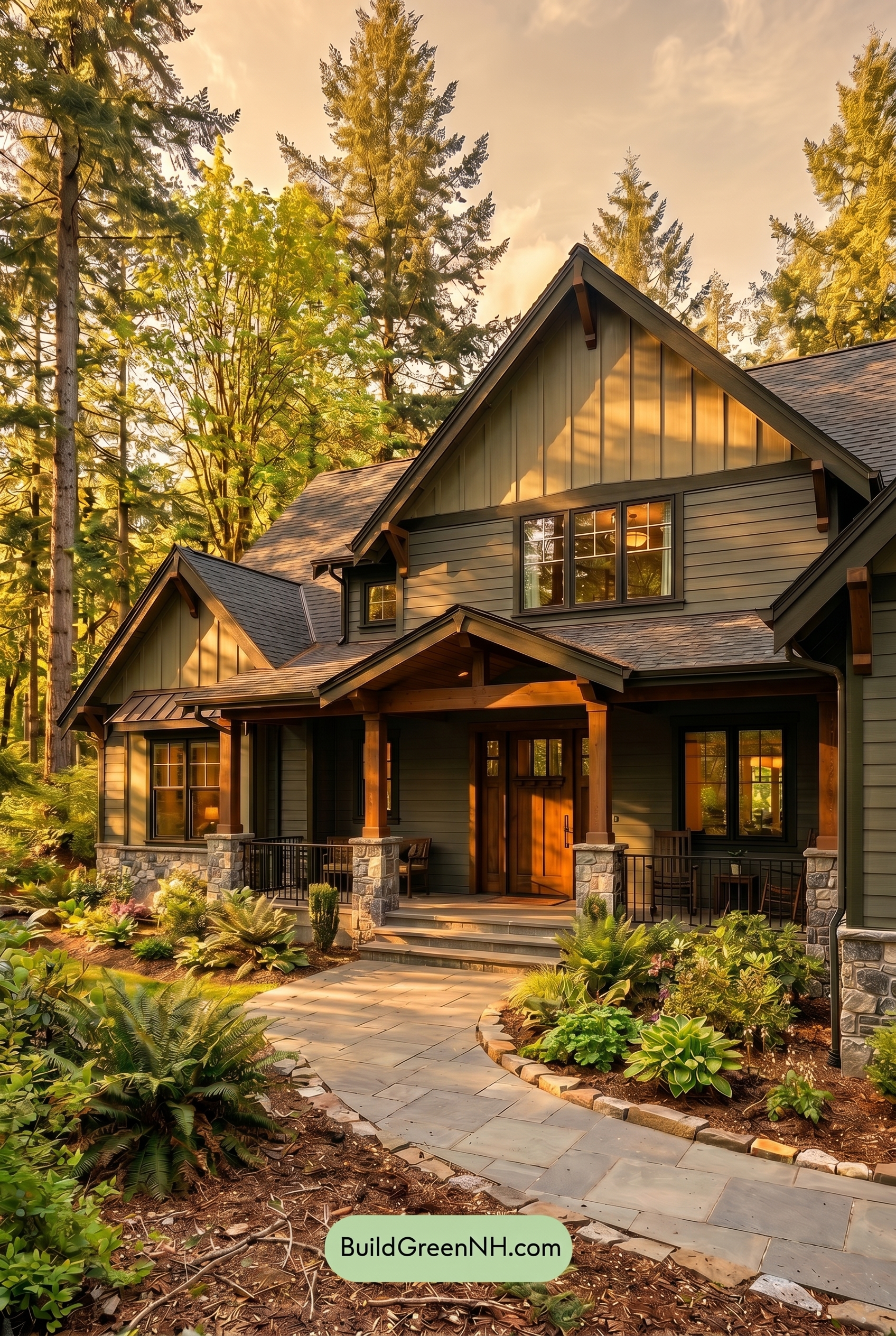 American Craftsman Green Exterior Color Schemes: Evergreen Slate Calm - Golden Hour