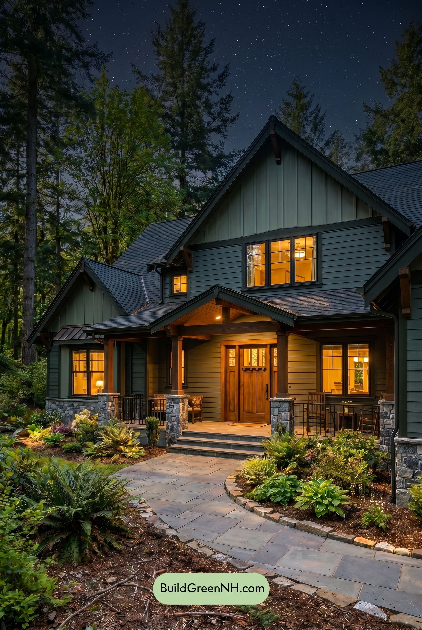American Craftsman Green Exterior Color Schemes: Evergreen Slate Calm - Nighttime